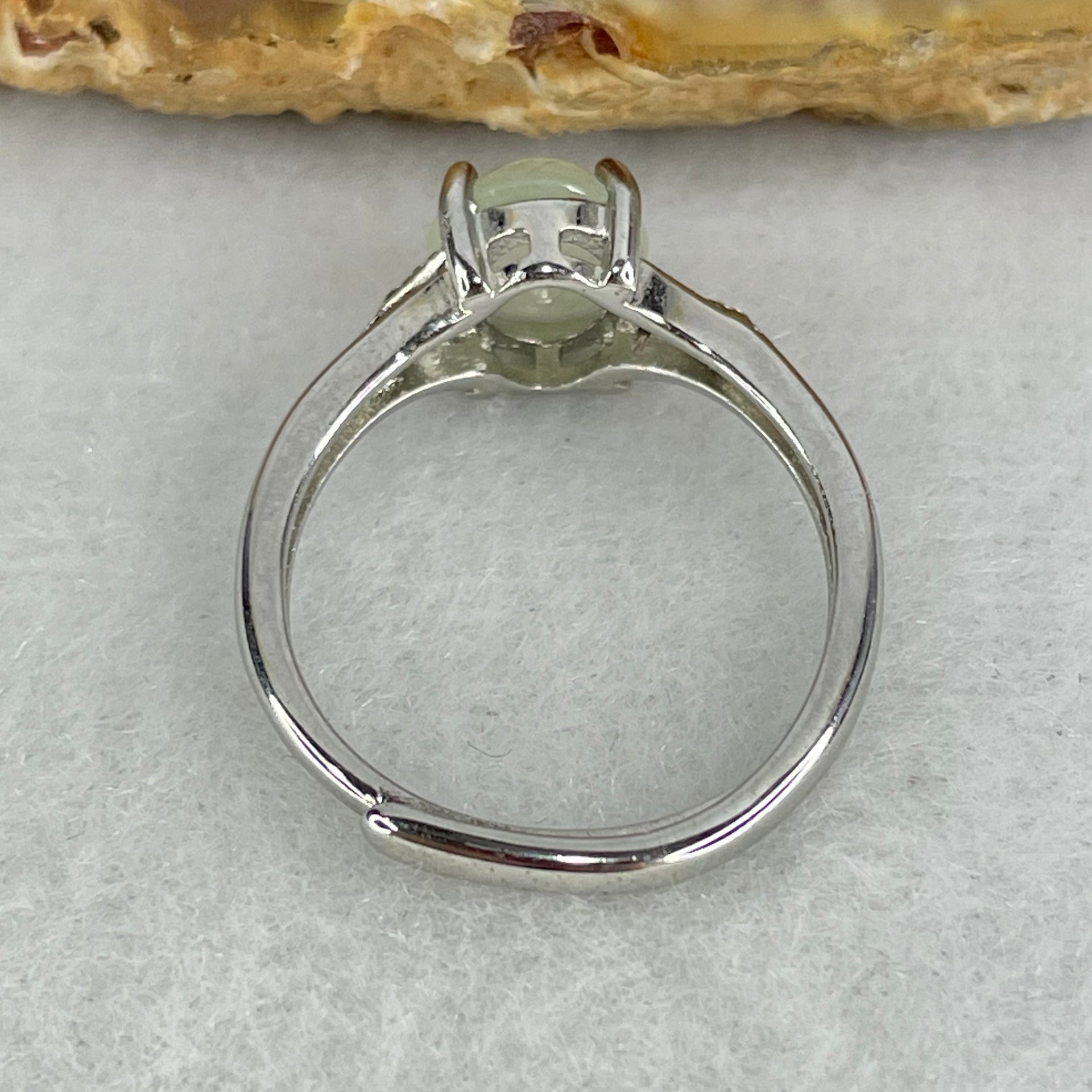 Type A Semi Icy Light Green Jadeite Cabochon in S925 Sliver Ring  (Adjustable Size) 1.70g 7.1 by 6.6 by 3.5mm - Huangs Jadeite and Jewelry Pte Ltd