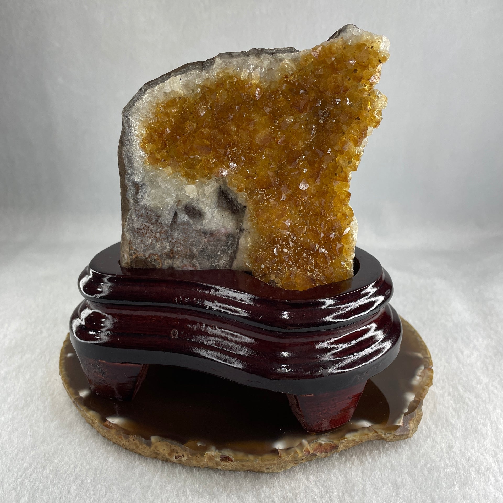 Natural Citrine Quartz Irregular Shape Display in Wooden Stand 647.0g 126.5 by 93.0 by 131.0mm - Huangs Jadeite and Jewelry Pte Ltd