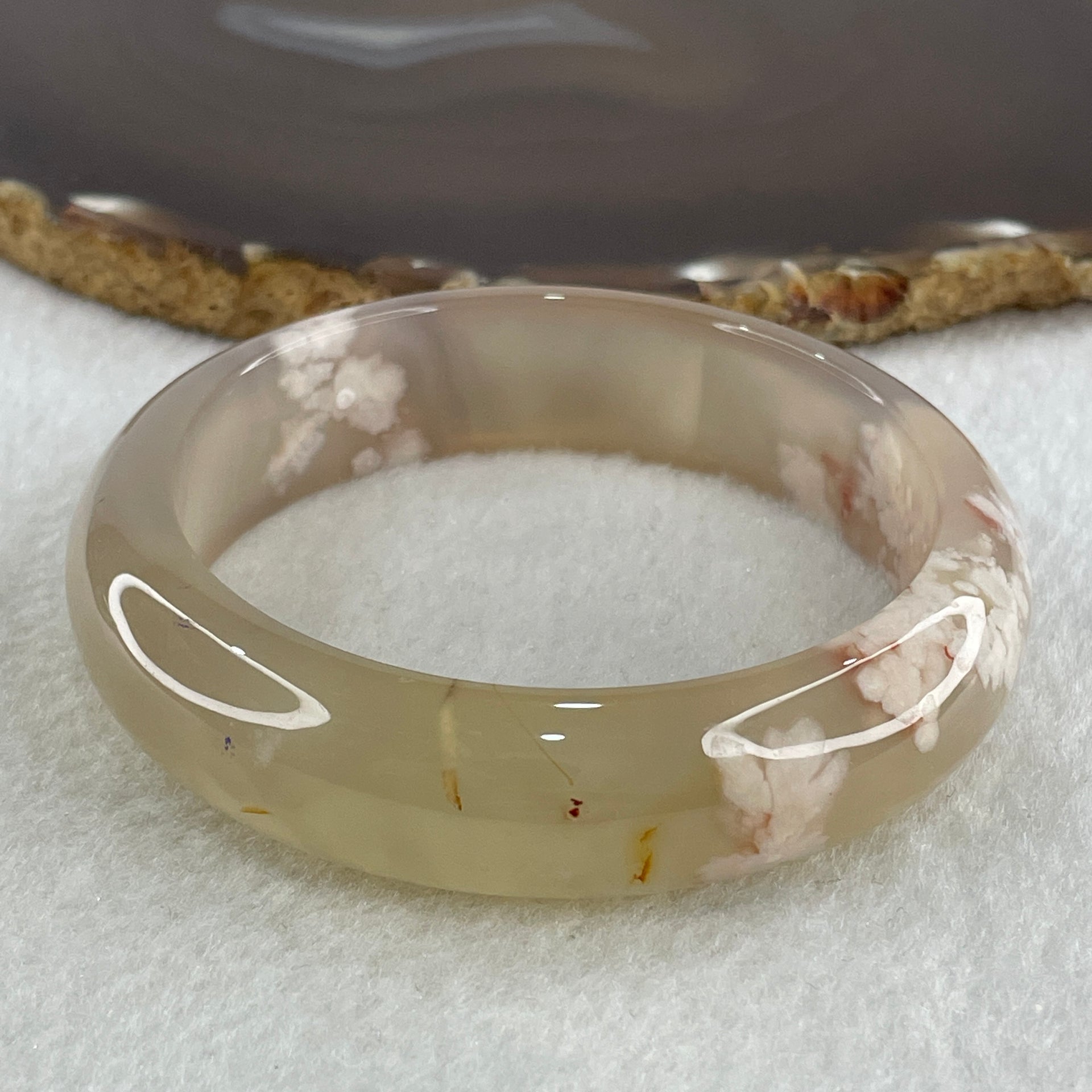Natural Faint Yellow with Faint Lavender Flower Agate Bangle 56.68g Internal Diameter 59.2mm 15.8 by 8.9mm (Perfect) - Huangs Jadeite and Jewelry Pte Ltd