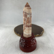 Natural Pink Calcite Tower with Wooden Stand Display 224.79g 73.0 by 62.0 by 147.5mm - Huangs Jadeite and Jewelry Pte Ltd