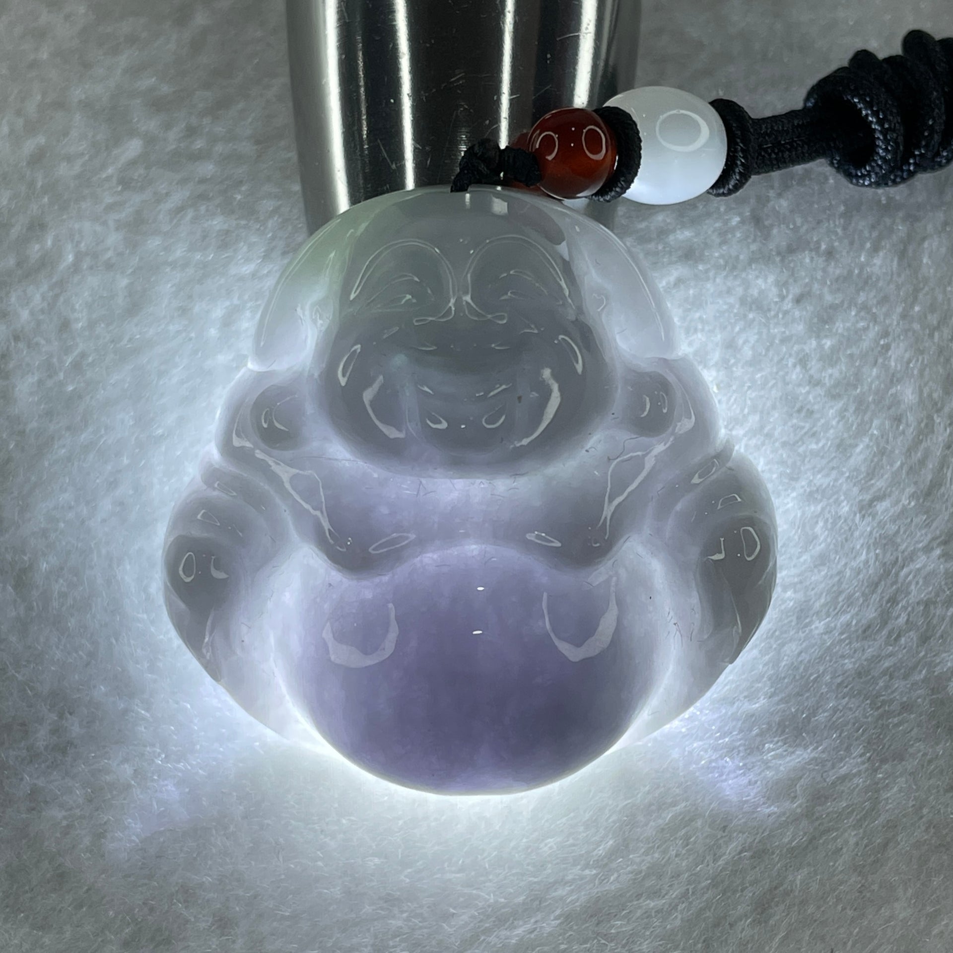 Natural Type A Lavender with Green Spots Jadeite Milo Laughing Buddha Pendant 45.90g 42.3 by 42.9 by 15.8mm - Huangs Jadeite and Jewelry Pte Ltd