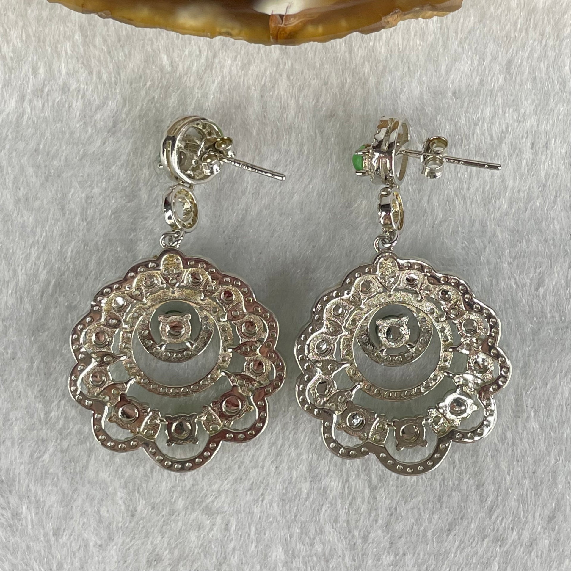 Type A Icy Green Jadeite Cabochon With Crystals in S925 Sliver Earrings 8.92g 3.5 by 1.5mm - Huangs Jadeite and Jewelry Pte Ltd