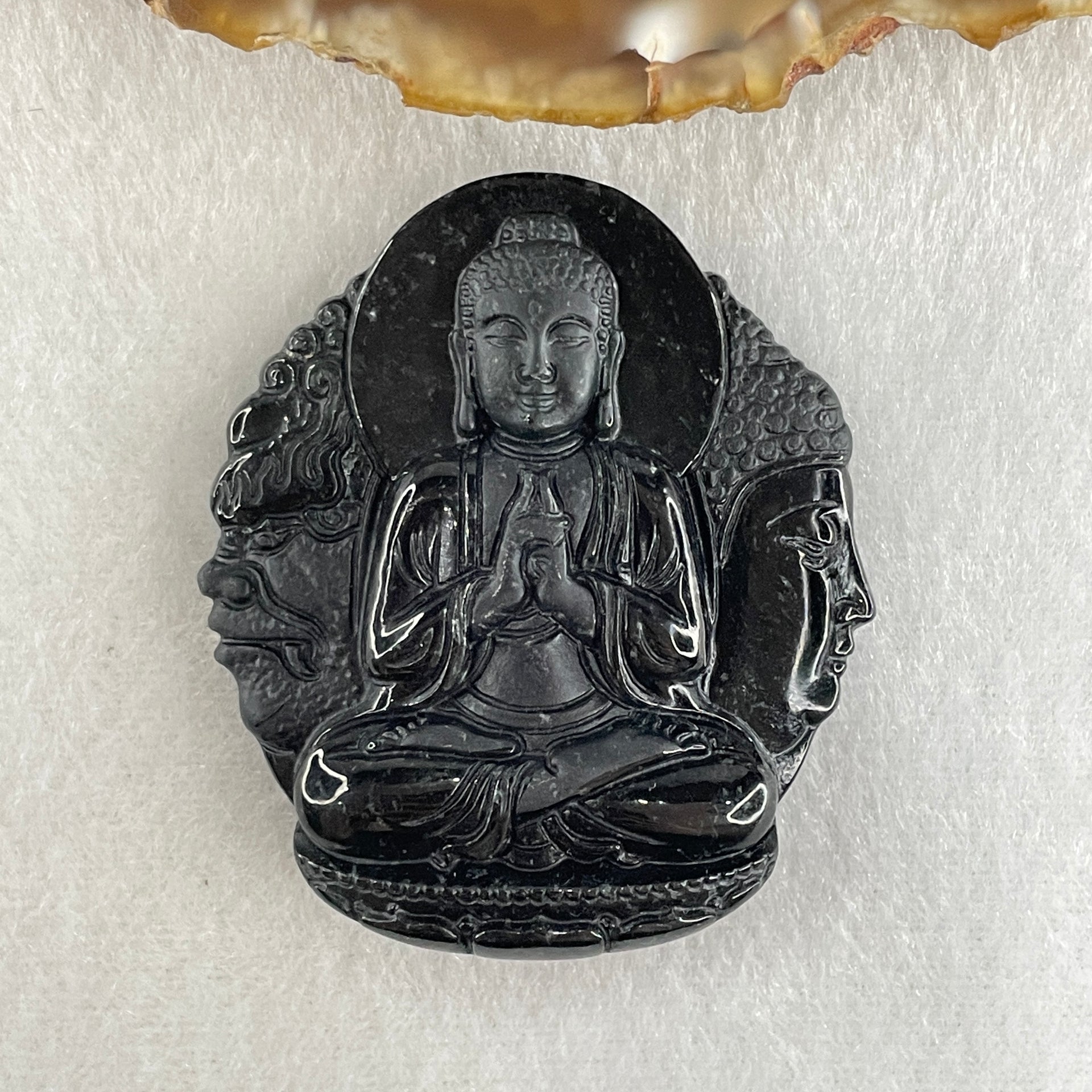 Type A Opaque Black Omphacite Jadeite Good Vs Evil Amitabha Buddha Pendant Dog and Boar Pig Zodiac Guardian 45.89g 49.6 by 43.7 by 12.5mm - Huangs Jadeite and Jewelry Pte Ltd