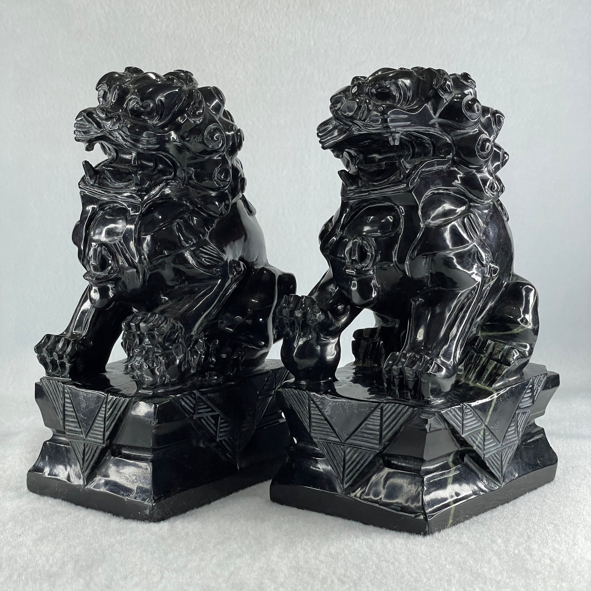 Black Pair of Fu Gou Display 3,541.2g Each about 75.0 by 100.0 by 172.0mm - Huangs Jadeite and Jewelry Pte Ltd