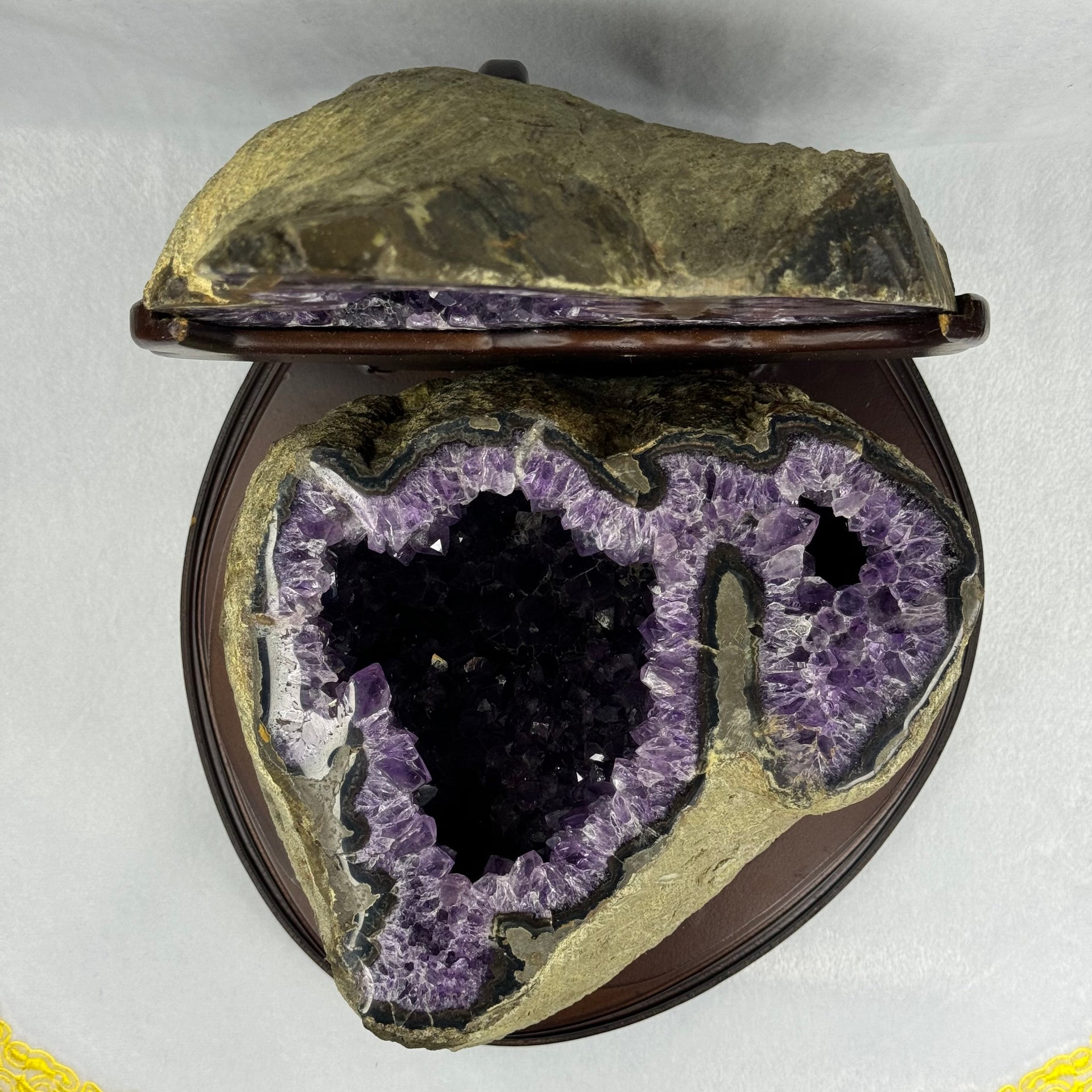 Natural Uruguay Amethyst Double Wealth Pot Cave Display with Wooden Stand 天然乌拉圭紫水晶洞摆件带木架 8,460.3g 260.0 by 300.0 by Heigh 300.0mm - Huangs Jadeite and Jewelry Pte Ltd