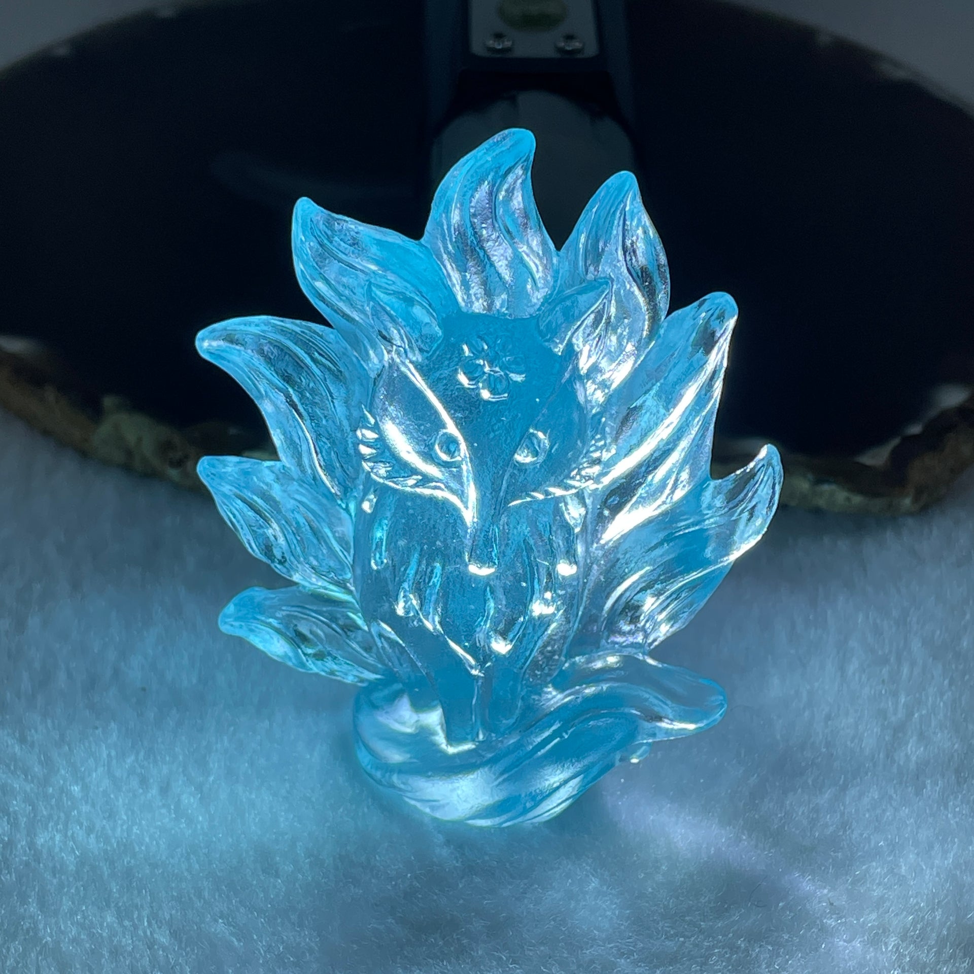 Liuli Blue 9 Tail Fox Display 74.92g 52.5 by 26.0 by 64.3mm - Huangs Jadeite and Jewelry Pte Ltd