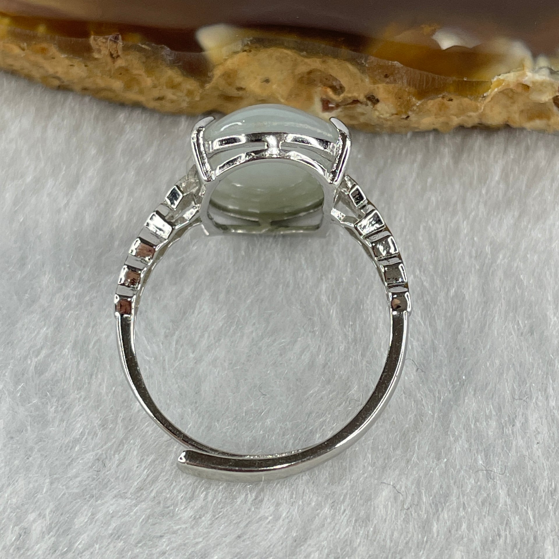 Natural Type A Semi Icy Faint Lavender Jadeite Oval Shape Cabouchon in S925 Silver Ring (Adjustable Size) 2.70g 14.8 by 11.1 by 4.5mm - Huangs Jadeite and Jewelry Pte Ltd