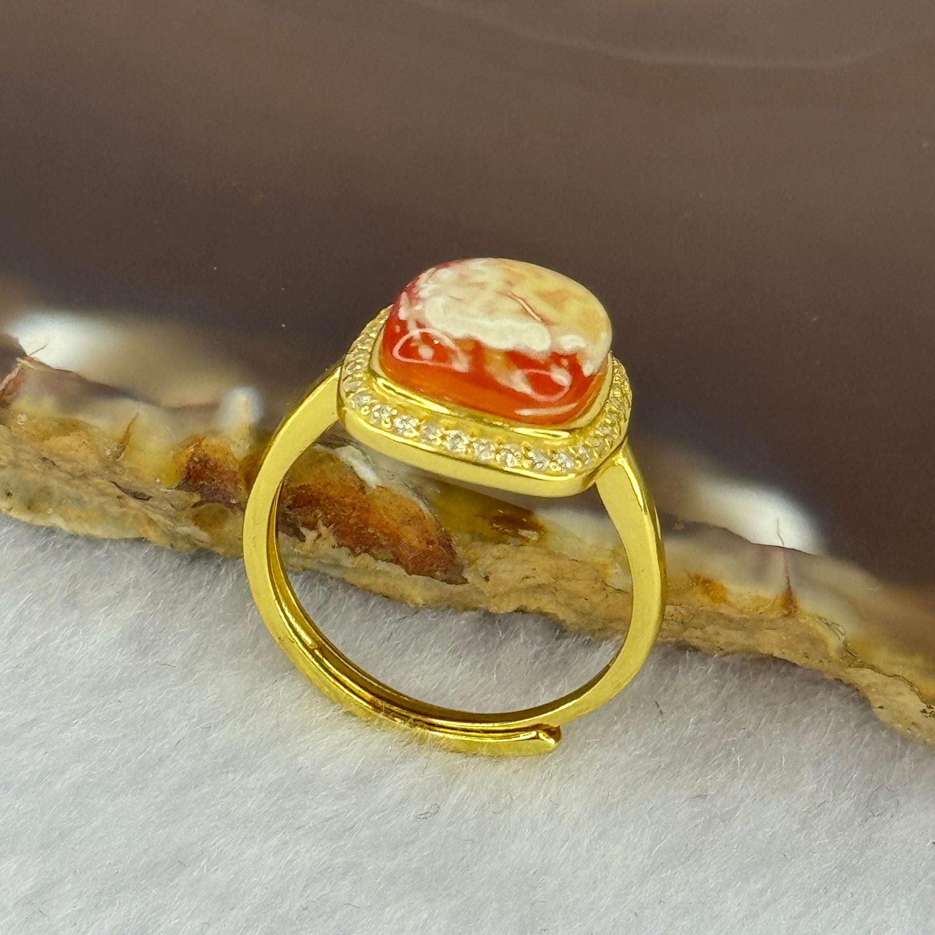 Natural Honey Yellow Amber with Milk Inclusions in S925 Sliver Gold Color Ring (Adjustable Size) 2.32g 9.7 by 9.0 by 4.0mm - Huangs Jadeite and Jewelry Pte Ltd
