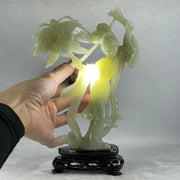 Natural Green Serpentine Fairy with Butterfly with Wooden Stand Display 336.9g 132.0 by 201.0 by 68.0mm - Huangs Jadeite and Jewelry Pte Ltd