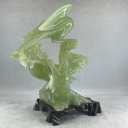 Natural Light Green Serpentine Javan Mynah Twin Birds on Flower Tree with Wooden Stand Display 1,043.4g 115.0 by 125.0 by 210.0mm - Huangs Jadeite and Jewelry Pte Ltd
