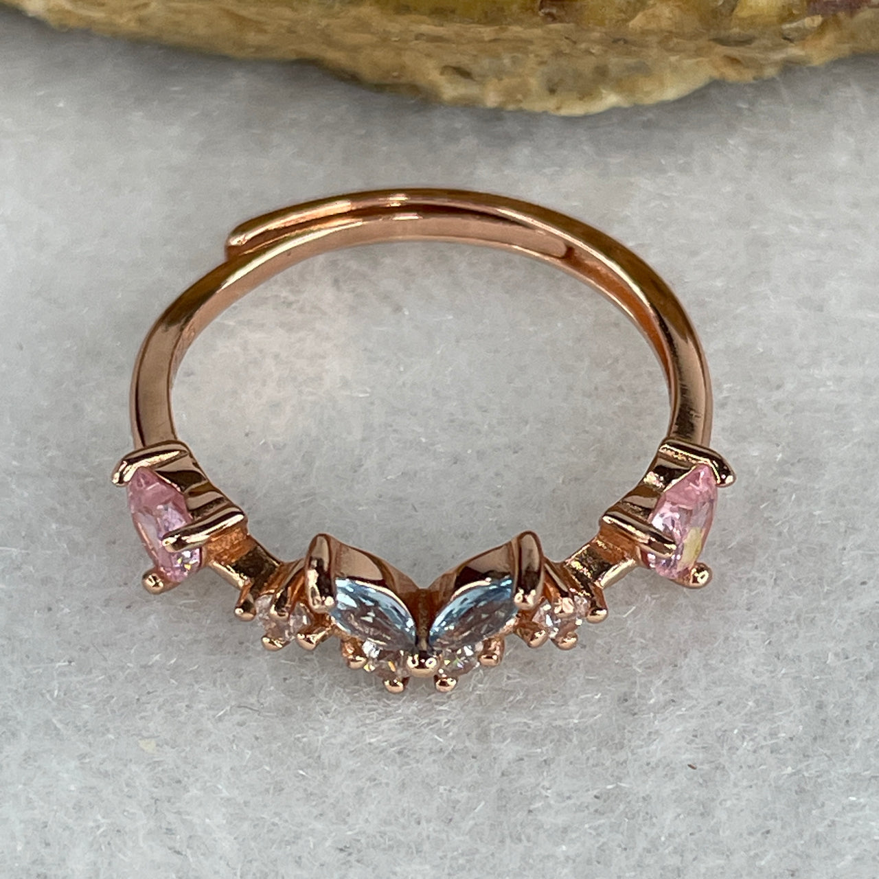 Natural Pink Kunzite and Blue Topaz with Cubic Zirconia in S925 Sliver Gold Color Ring 1.63g 4.3 by 4.3 by 2.0mm Pink - 4.0 by 2.0 by 1.2 Blue (Adjustable Size) - Huangs Jadeite and Jewelry Pte Ltd