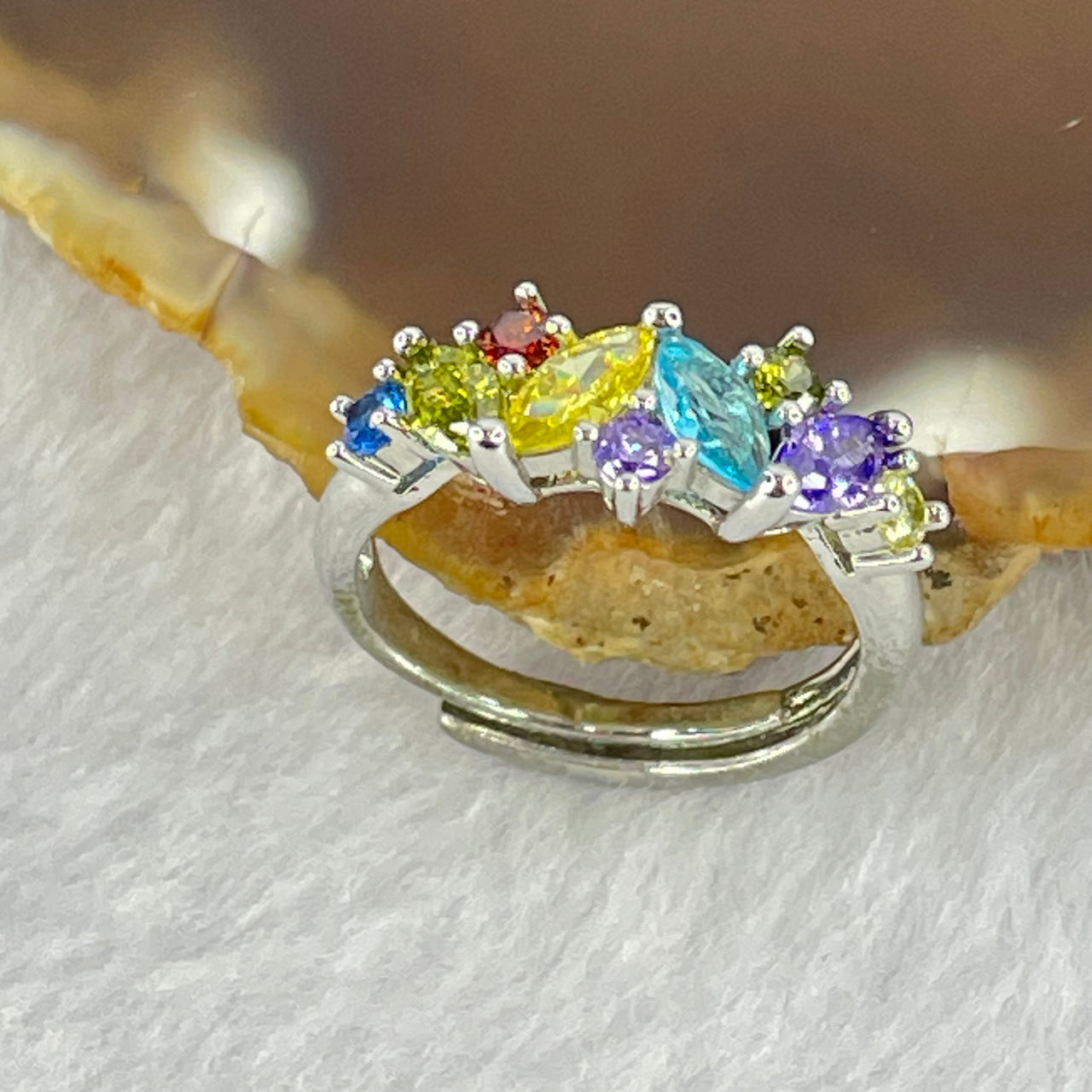 Multi Color Cubic Zirconia in Sliver Ring (Adjustable Size) 2.61g 6.4 by 4.5 by 2.2mm - Huangs Jadeite and Jewelry Pte Ltd