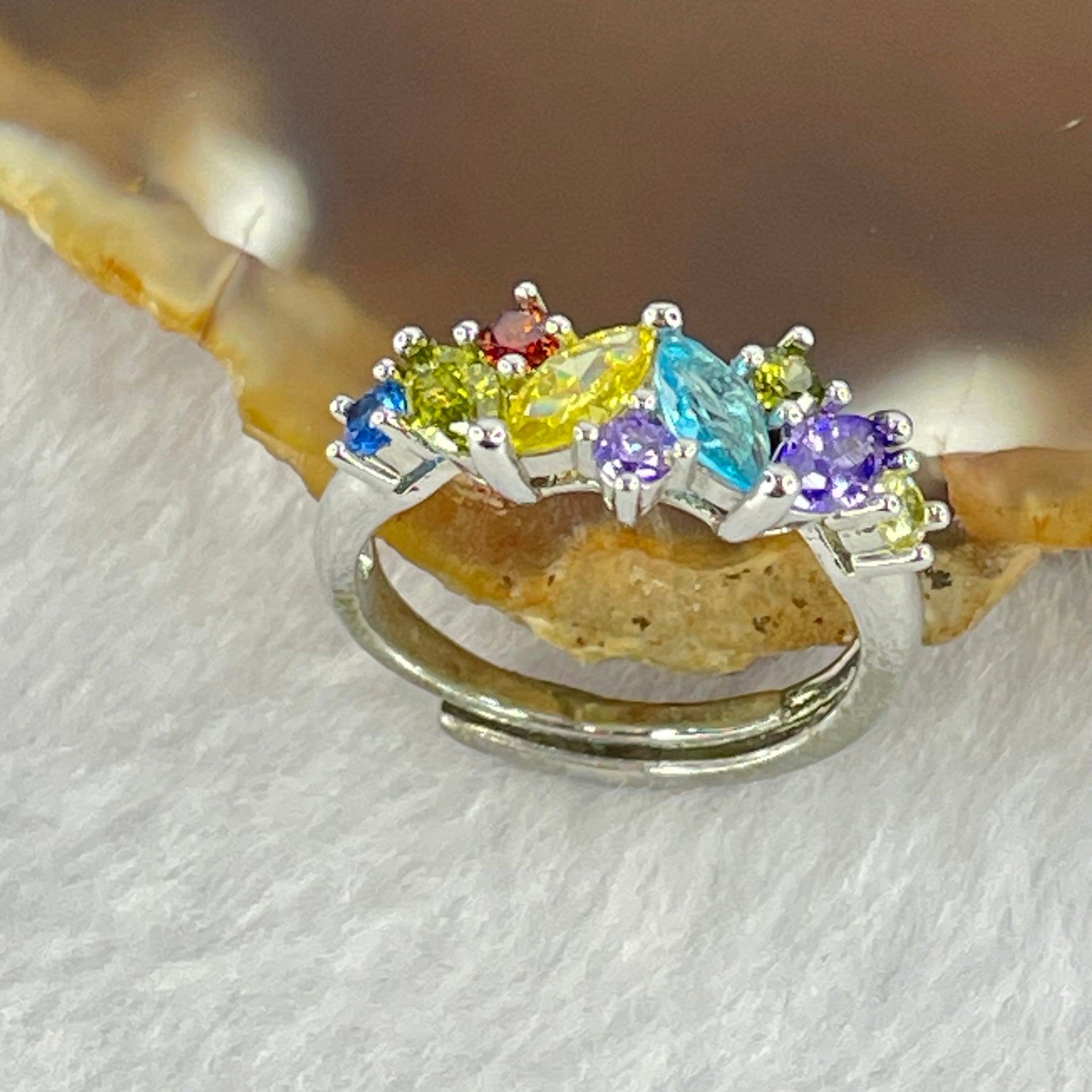 Multi Color Cubic Zirconia in Sliver Ring (Adjustable Size) 2.61g 6.4 by 4.5 by 2.2mm - Huangs Jadeite and Jewelry Pte Ltd
