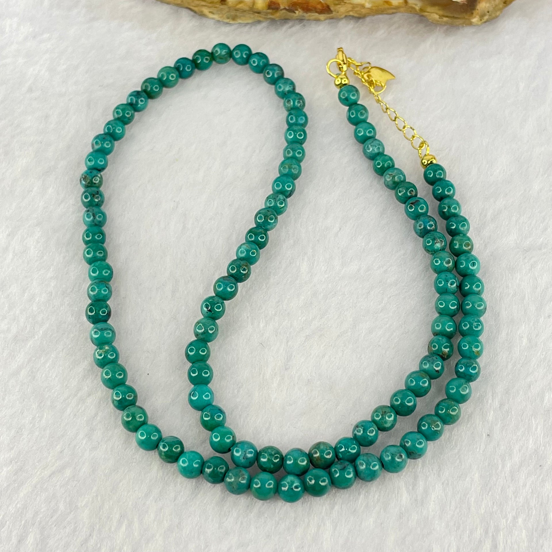 Natural Turquoise Beads S925 Silver Gold Color Necklace 天然绿松石项链 10.48g 40cm 4.5mm 97 Beads - Huangs Jadeite and Jewelry Pte Ltd