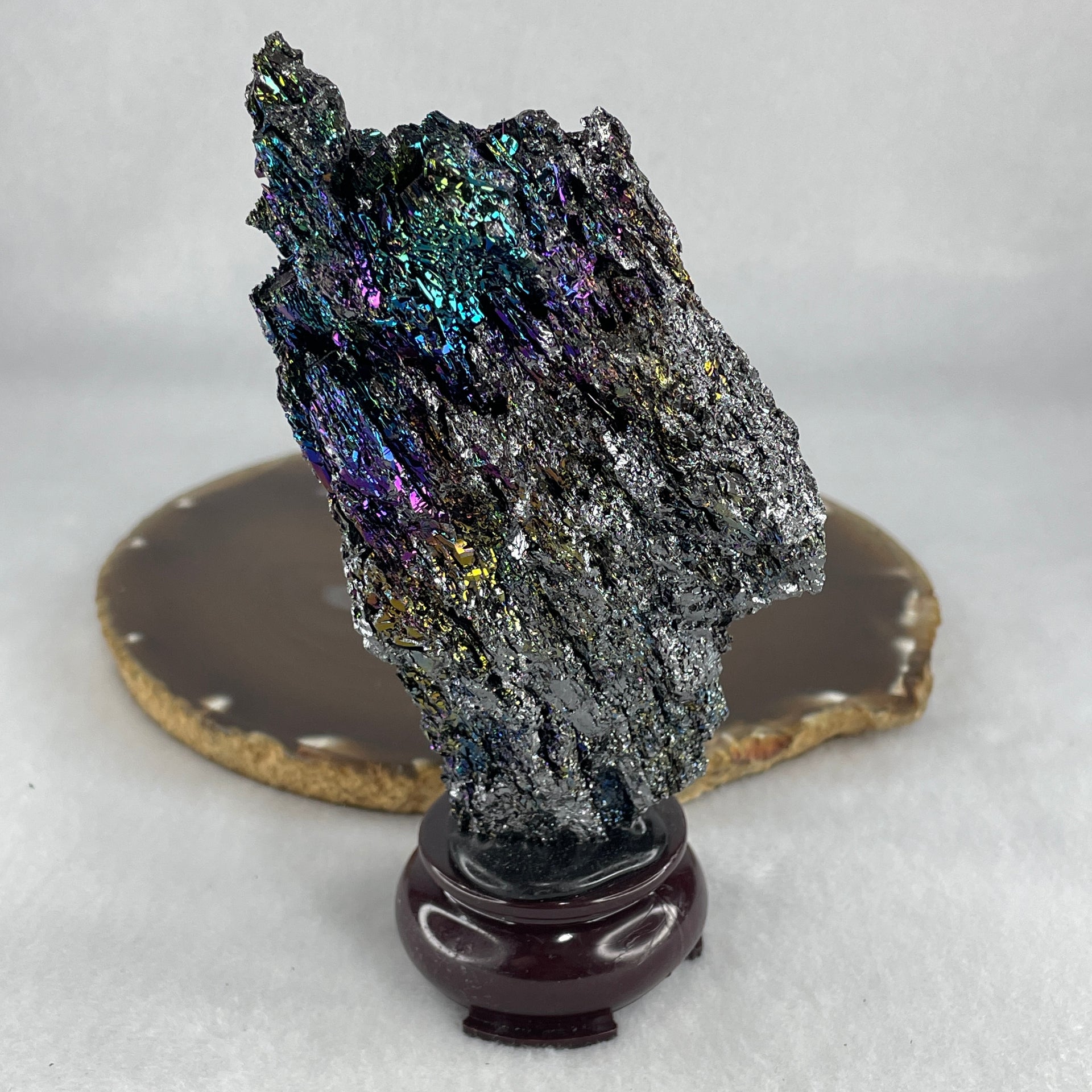 Natural Black Moissanite Rough Display with Wooden Stand 205.68g 70.7 by 45.0 by 132.5mm - Huangs Jadeite and Jewelry Pte Ltd