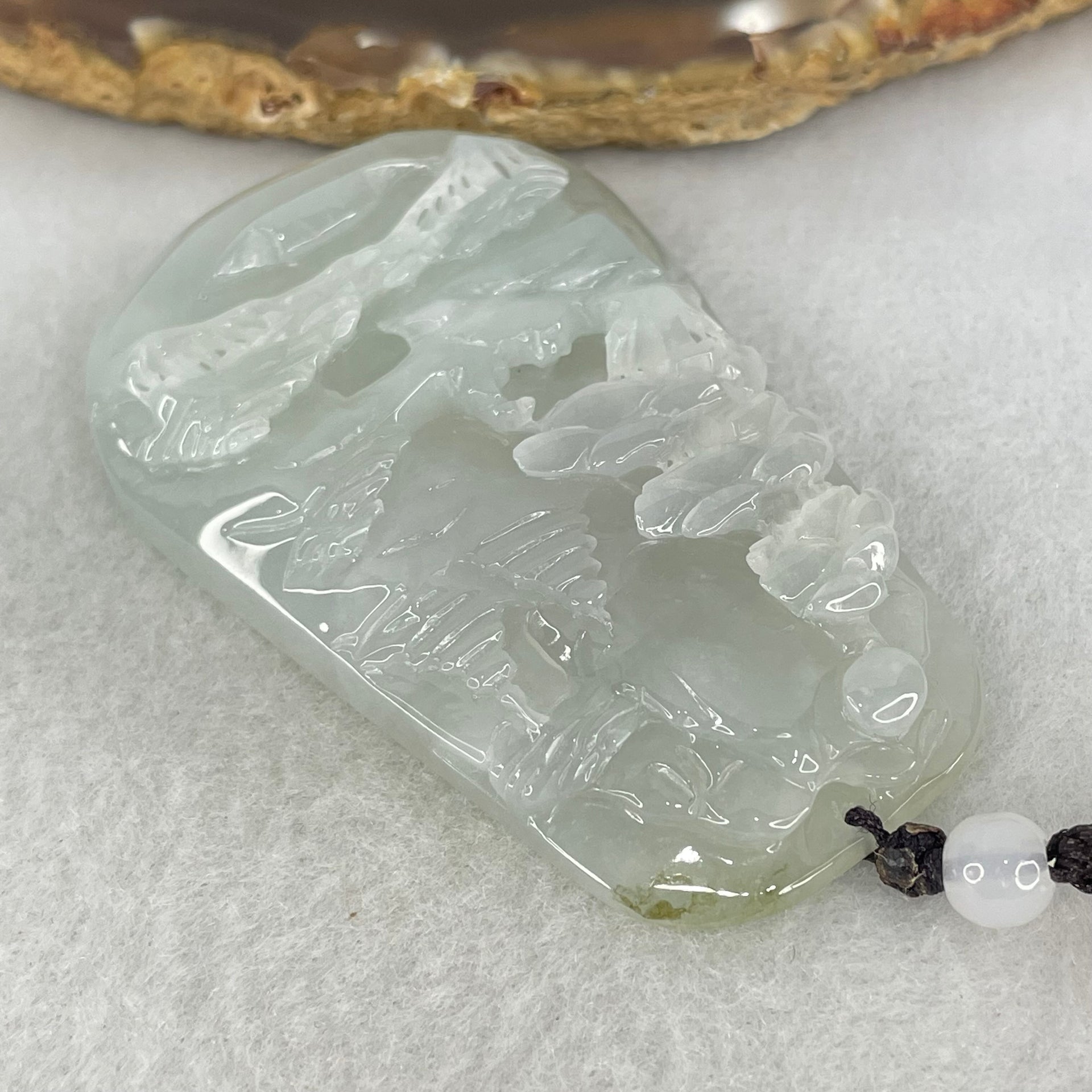 Type A Semi Icy Faint Lavender Green Jadeite Shan Shui Pendant 49.65g 63.1 by 39.5 by 10.3mm - Huangs Jadeite and Jewelry Pte Ltd