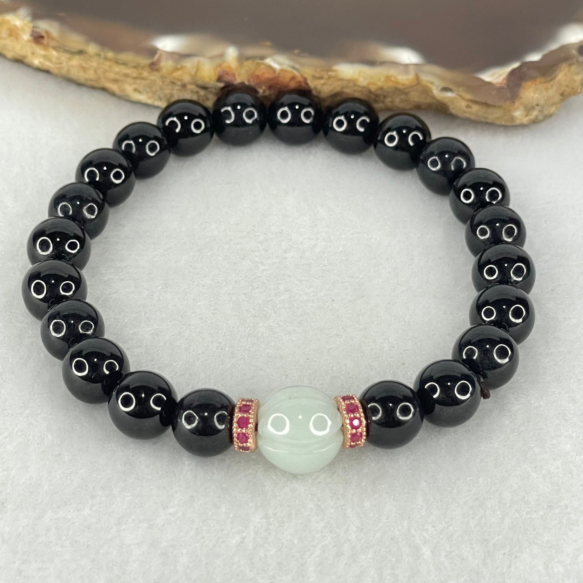 Type A Opaque Black Omphasite Jadeite Beads with Faint Green Jadeite Melon Charm Bracelet 21.49g 15.5cm 8.0mm 22 Bead 10.1 by 9.3m 1 Bead - Huangs Jadeite and Jewelry Pte Ltd