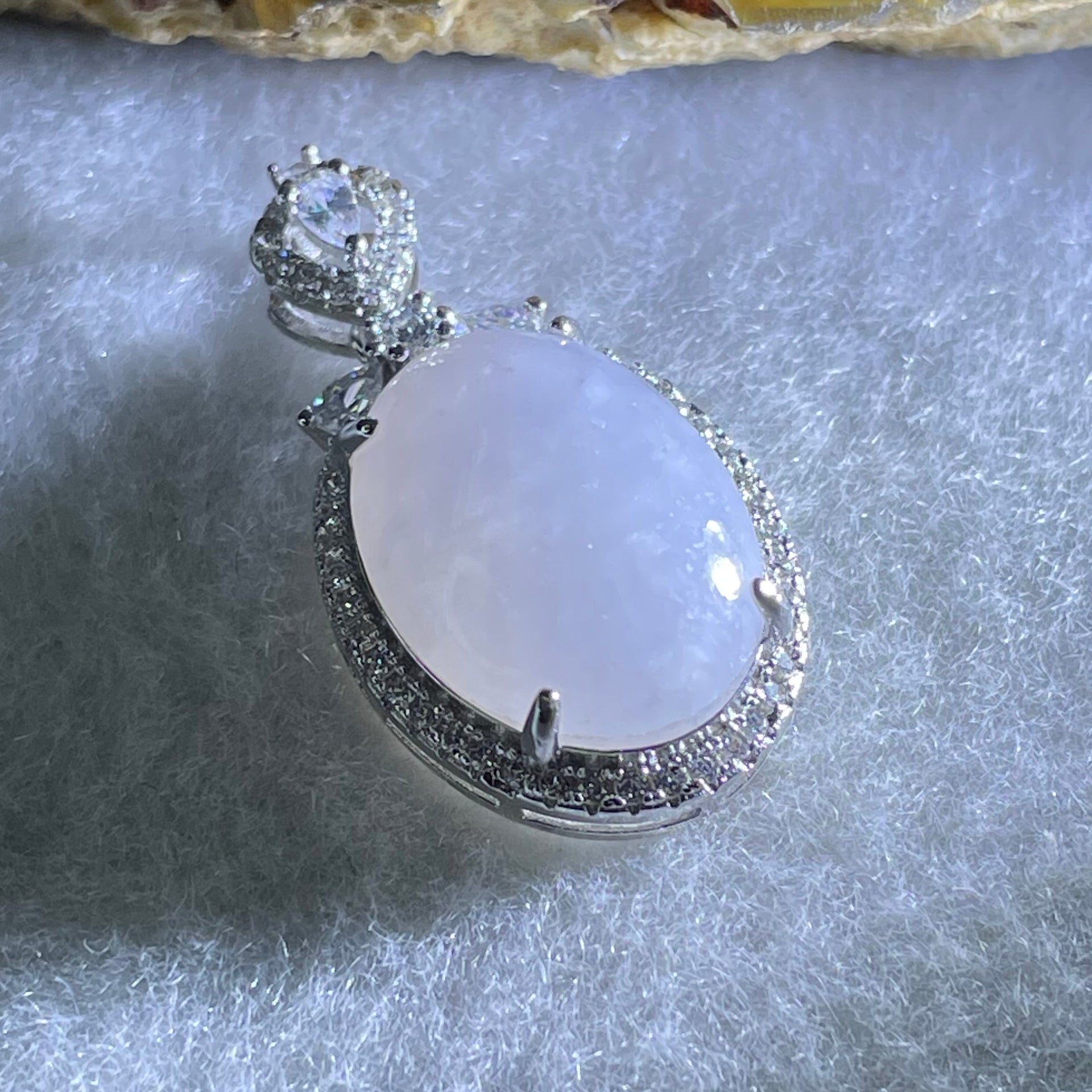 Type A Deep Lavender Cabochon Jadeite in S925 Sliver with Crystal Charm 4.30g 15.6 by 11.7 by 5.0mm - Huangs Jadeite and Jewelry Pte Ltd