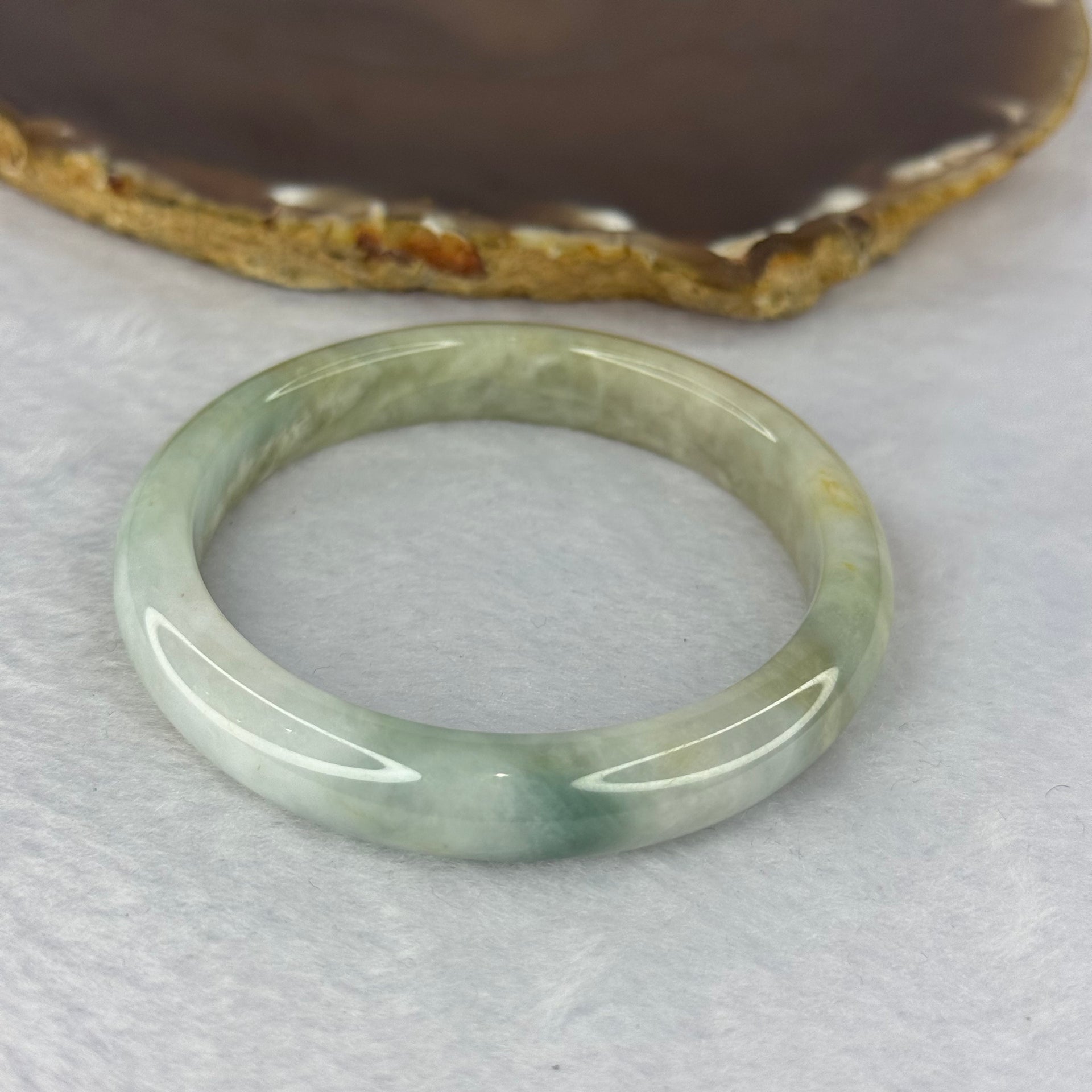 Type A Green with Piao Hua and Brown Patches Bangle 36.73g 10.2 by 7.4 mm Internal Diameter 53.4 mm (External Line) - Huangs Jadeite and Jewelry Pte Ltd