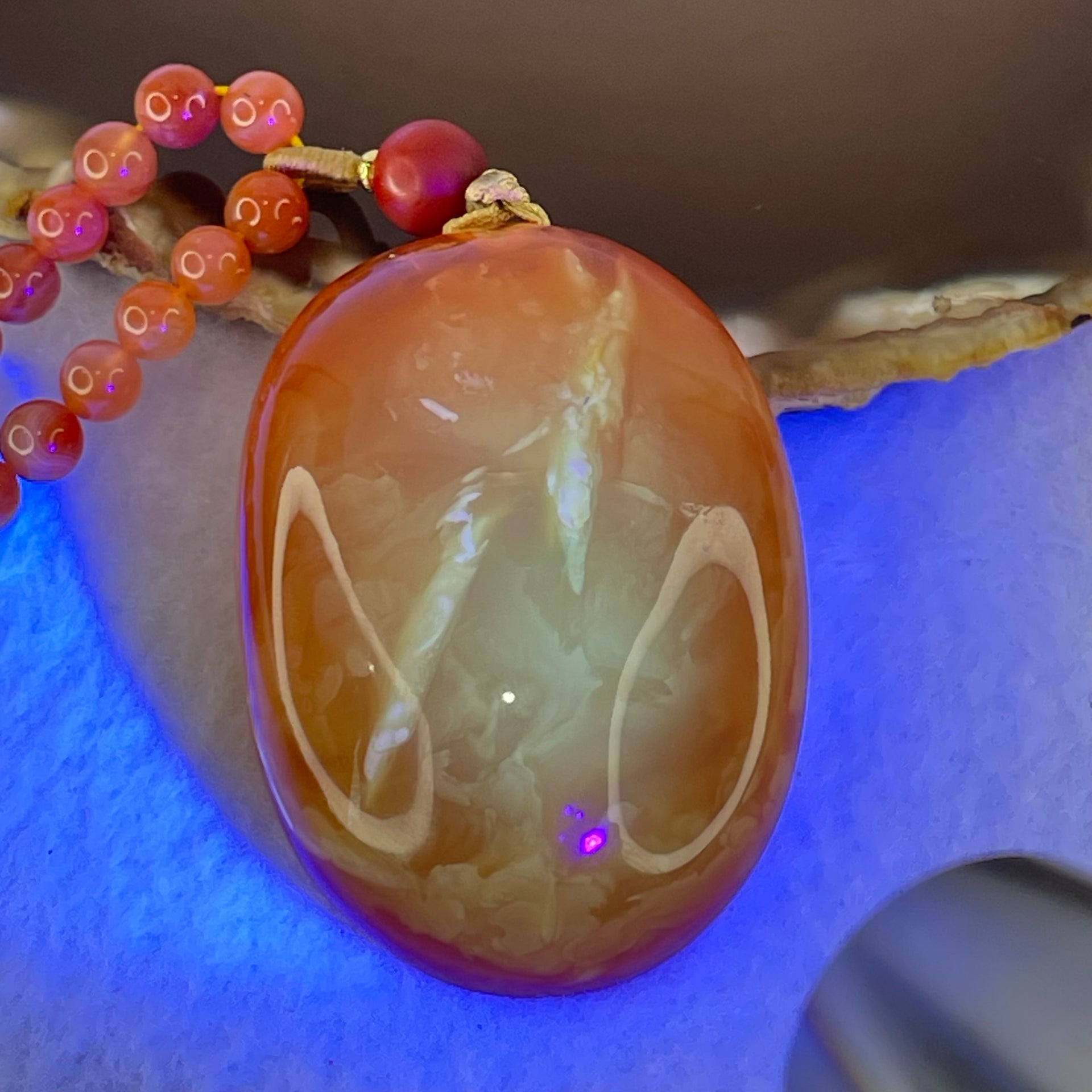 Rare Natural Pinkish Red Amber Beads Necklace 47.30g Pendant 51.9 by 37.1 by 16.9mm, 5.9mm 96 Beads - Huangs Jadeite and Jewelry Pte Ltd