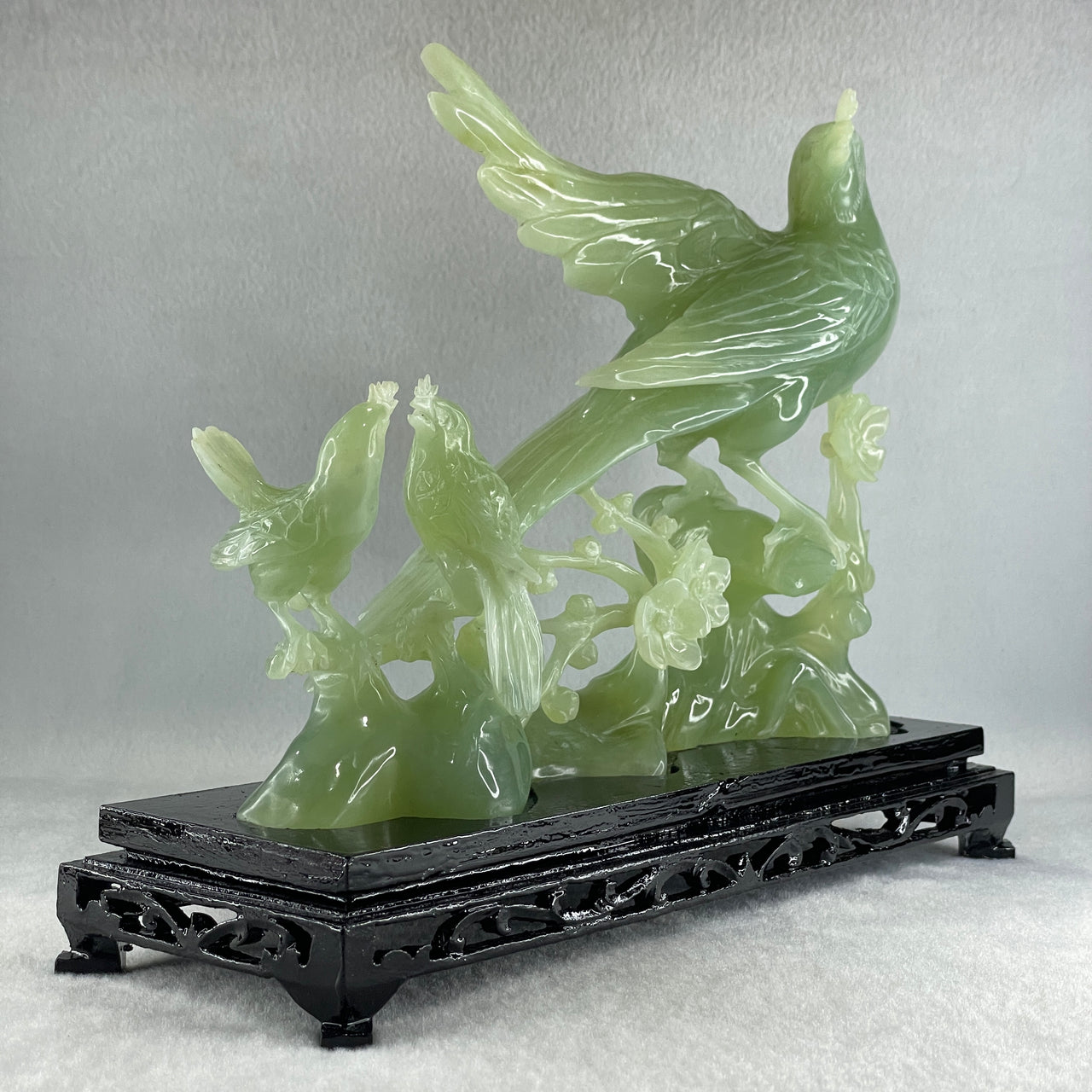 Natural Green Serpentine Phoenix with Twin Birds on Tree with Wooden Stand Display 1,158.3g L257.0 by B98.0 by H203.0mm - Huangs Jadeite and Jewelry Pte Ltd
