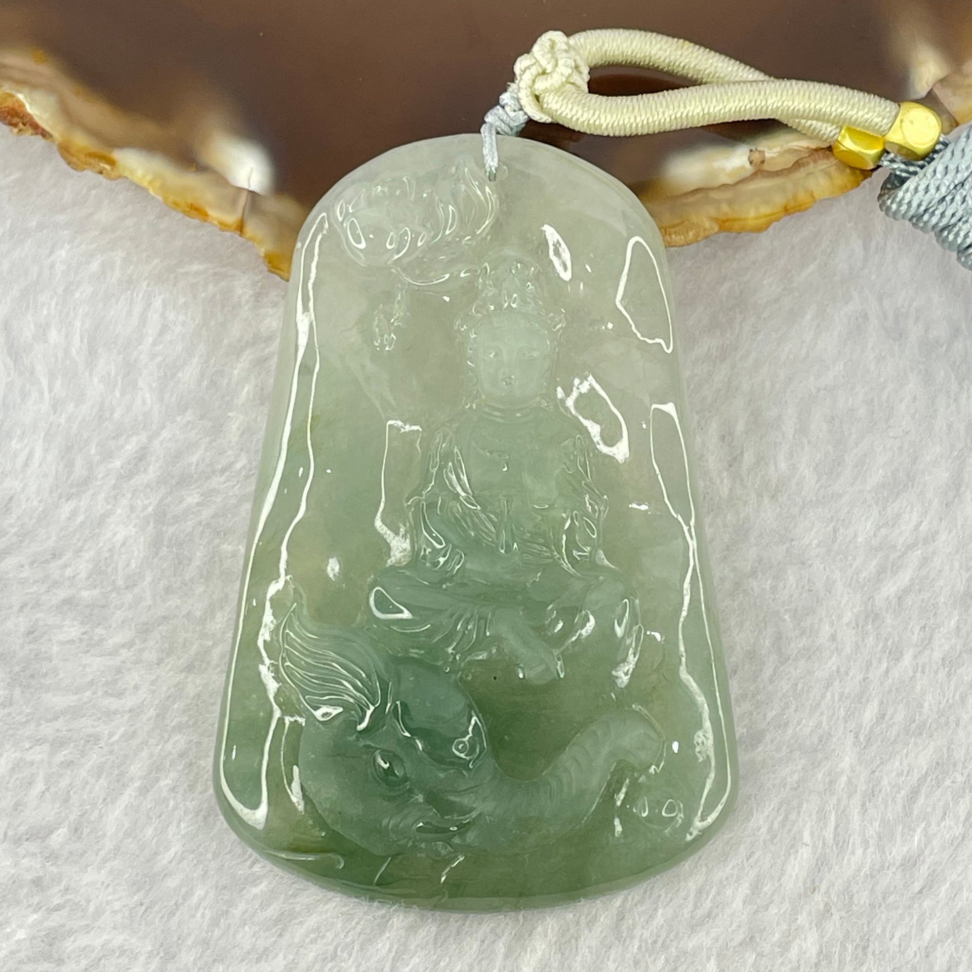 Type A Semi Icy Blueish Green Jadeite Guan Yin With Elephant and Flower Samantha Bodhisattva Pendant 31.38g 58.4 by 38.8 by 7.2mm - Huangs Jadeite and Jewelry Pte Ltd