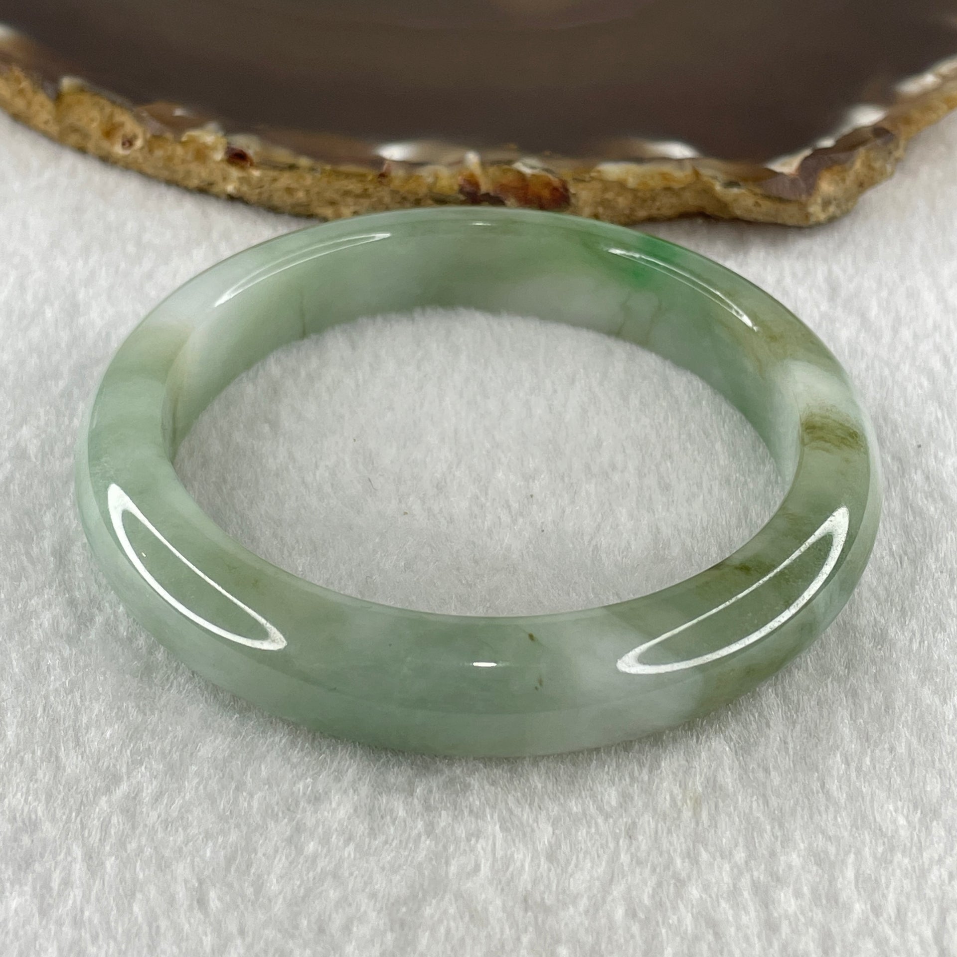 Natural Type A Jelly Light Green with Blueish Green Piao Hua Flora Jadeite Bangle 60.75g Inner Diameter 60.8mm 12.3 by 9.4mm (Very Very Slight Internal Lines) - Huangs Jadeite and Jewelry Pte Ltd