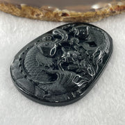 Type A Opaque to Partial Translucent Black Omphacite Jadeite Double Fish with Lotus Flower and Coins Pendant 29.11g 61.1 by 44.1 by 9.2mm - Huangs Jadeite and Jewelry Pte Ltd