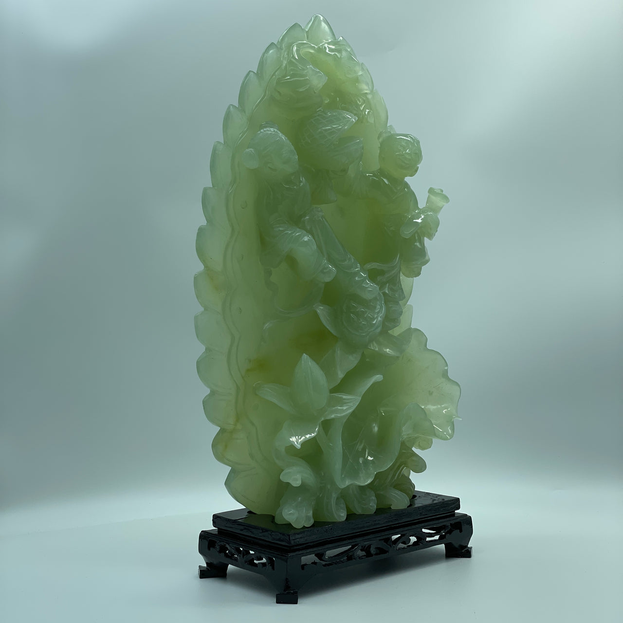 Natural Light Green Serpentine Jin Tong Yu Nu Jade Girl with Golden Boy with Lotus Flowers and Bats Display 3,461.2g 175.0 by 100.0 by 360.0mm
