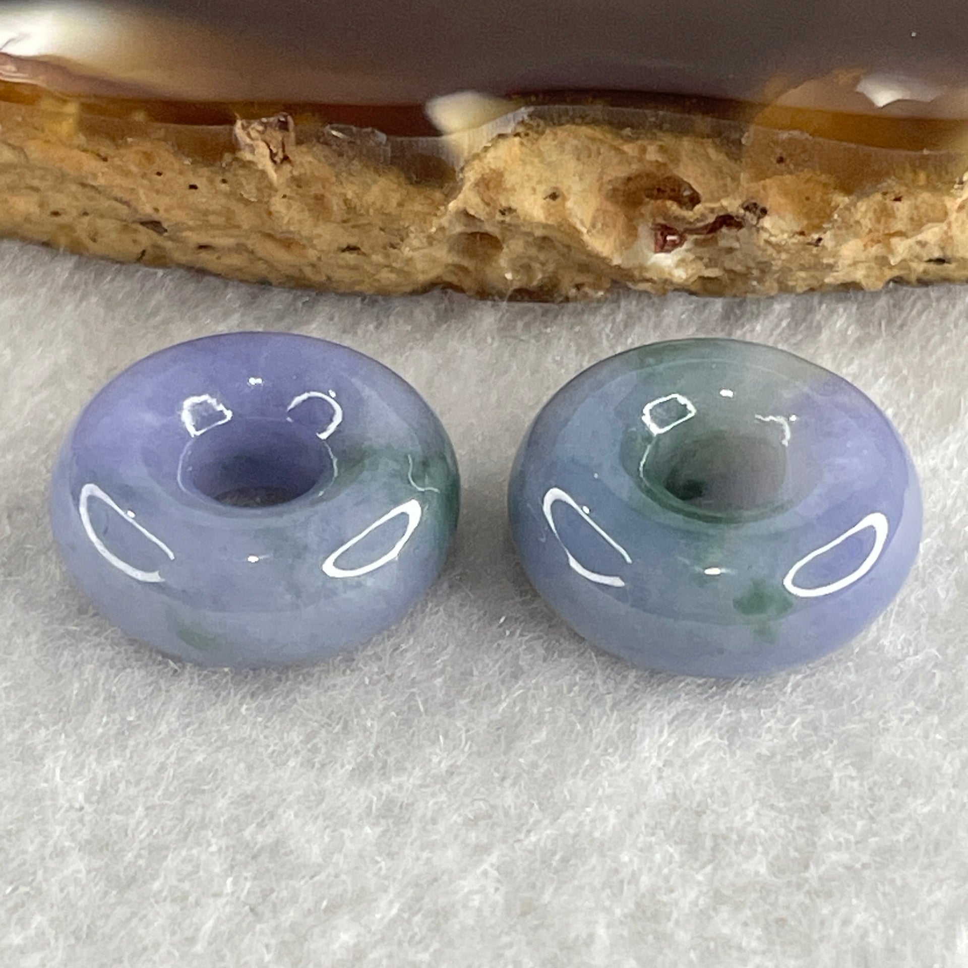 Natural Type A Intense Lavender with Green Piao Hua Jadeite Donut Pair for Setting 5.57g 15.2 by 6.2mm - Huangs Jadeite and Jewelry Pte Ltd