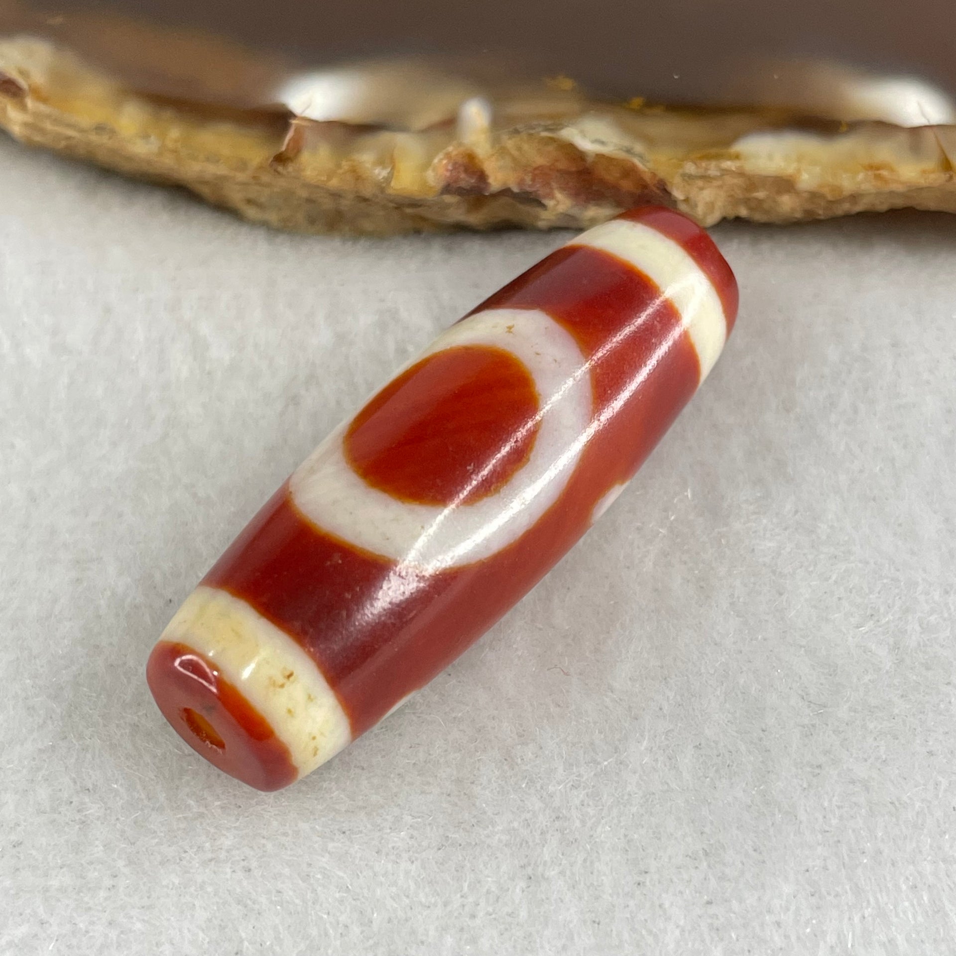 Natural Powerful Tibetan Old Oily Red White Agate One Eye Gold Metal Element Dzi Bead Heavenly Master (Tian Zhu) 一眼金天珠 9.68g 37.6 by 12.9mm - Huangs Jadeite and Jewelry Pte Ltd