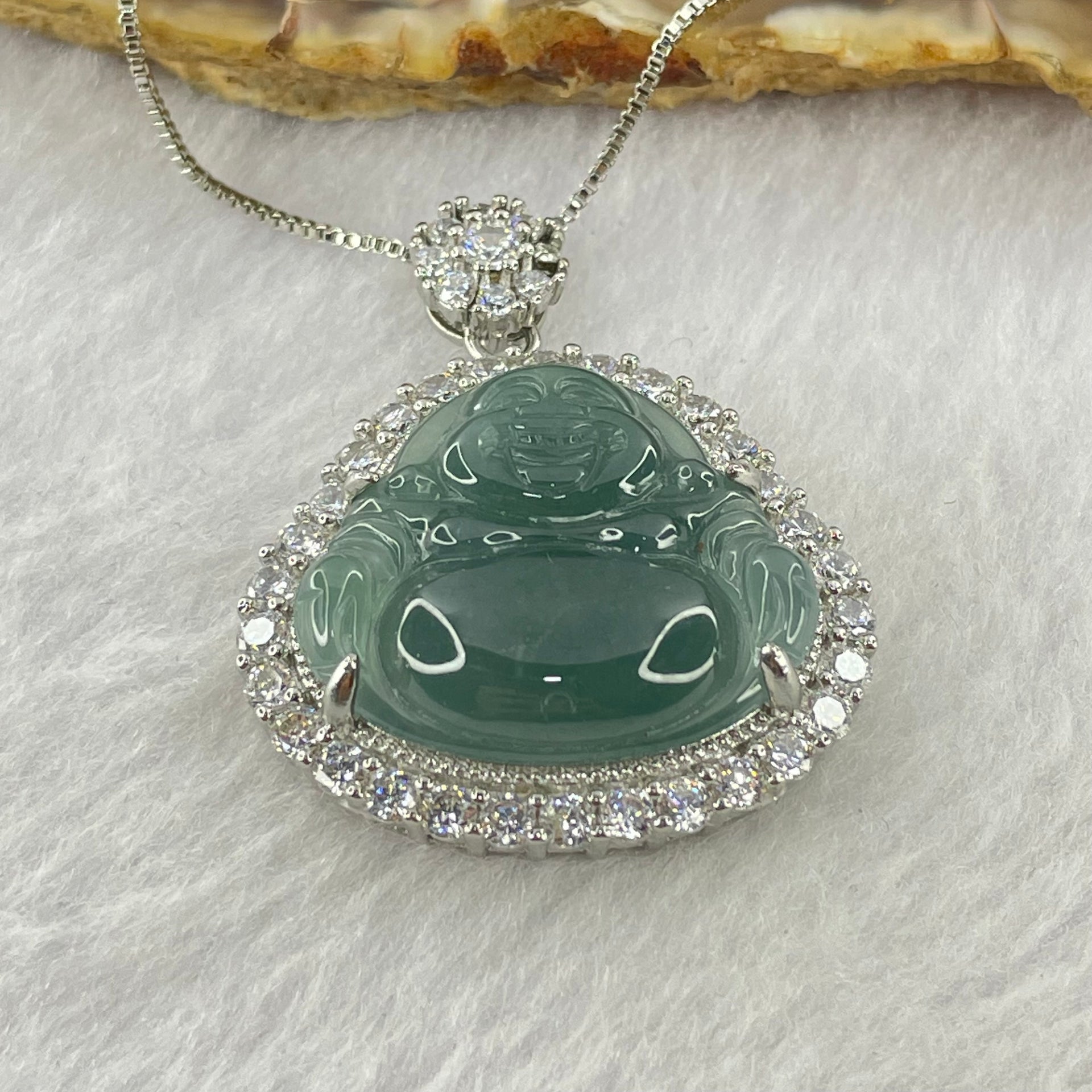 Type A Icy Blueish Green Jadeite Milo Buddha Pendent with Crystals in S925 Sliver Setting and Chain 11.73g 20.8 by 23.5 by 3.5mm - Huangs Jadeite and Jewelry Pte Ltd