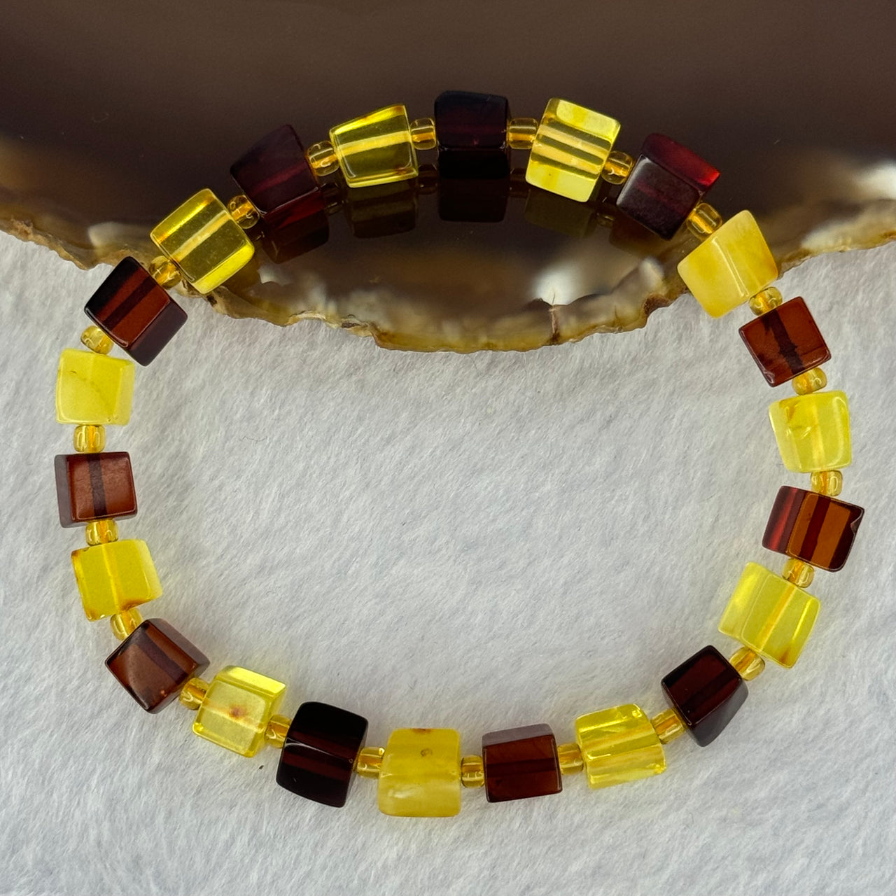 Natural Butterscotch Yellow and Red Amber Square Beads Bracelet 天然方型多宝琥珀手链 6.21g 16cm 7.2mm 22 Beads - Huangs Jadeite and Jewelry Pte Ltd