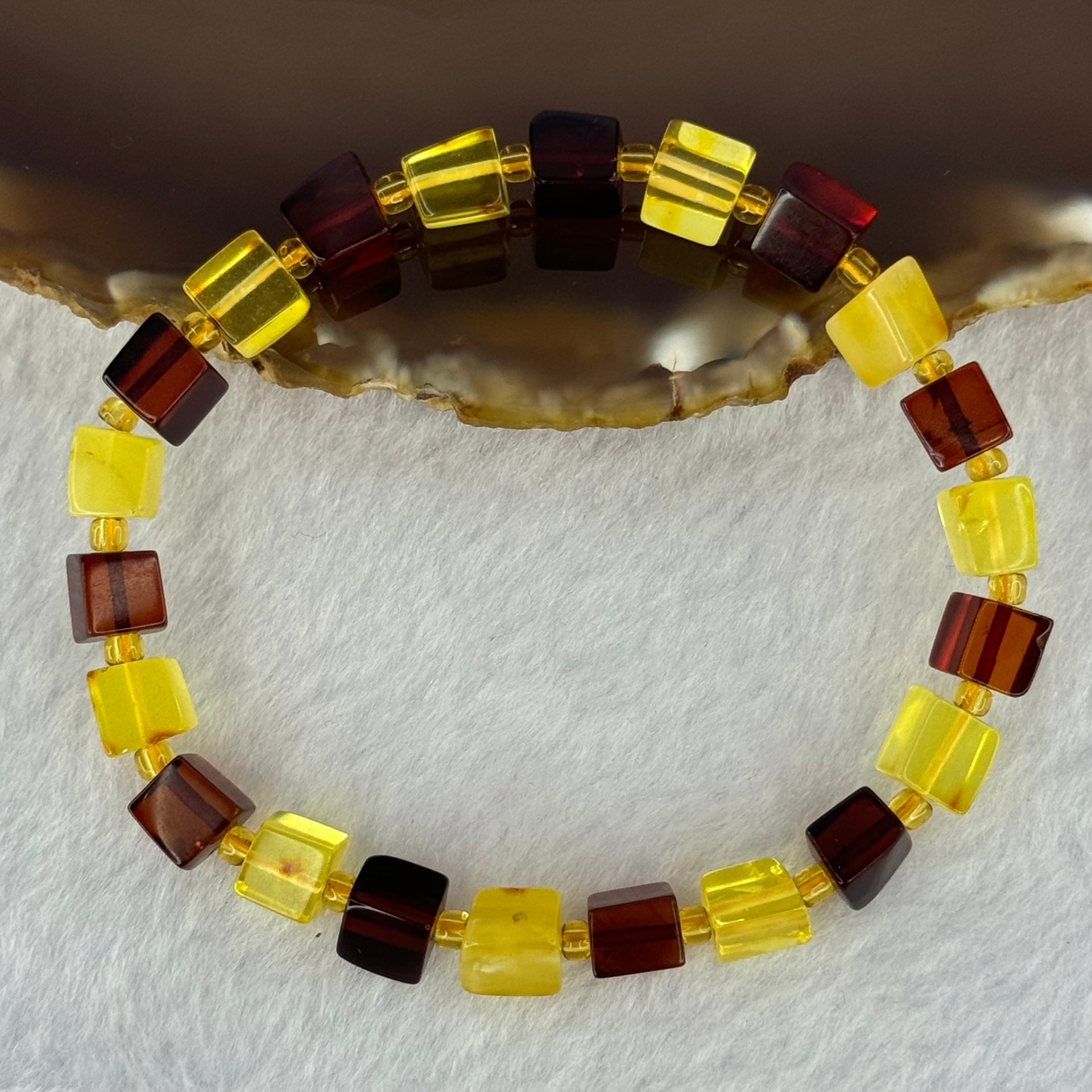 Natural Butterscotch Yellow and Red Amber Square Beads Bracelet 天然方型多宝琥珀手链 6.21g 16cm 7.2mm 22 Beads - Huangs Jadeite and Jewelry Pte Ltd