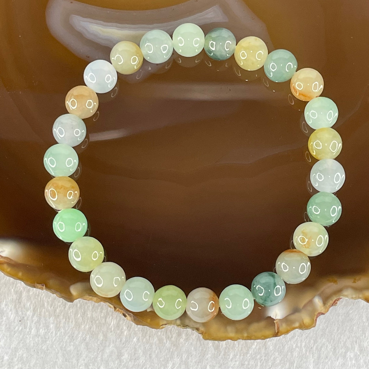 Type A Muti Color (Green, Blueish Green, Lavender, Brown and Yellow) Jadeite Beads Bracelet 16.06g 15cm 7.3mm 26 Beads - Huangs Jadeite and Jewelry Pte Ltd