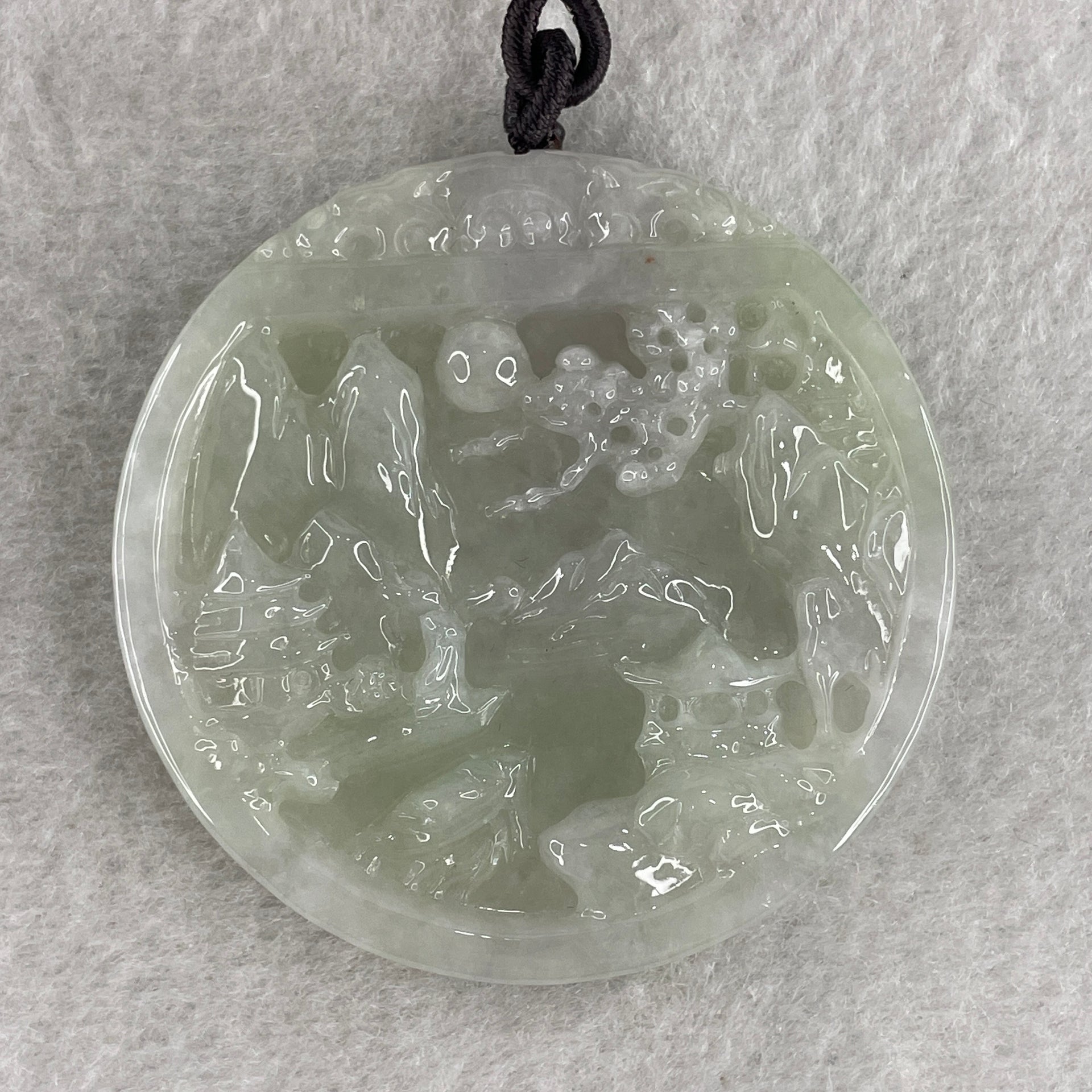 Natural Type A Light Green with Faint Lavender Jadeite Shan Shui with Guiren Benefactor Pendant 56.64g 54.1 by 9.2mm - Huangs Jadeite and Jewelry Pte Ltd
