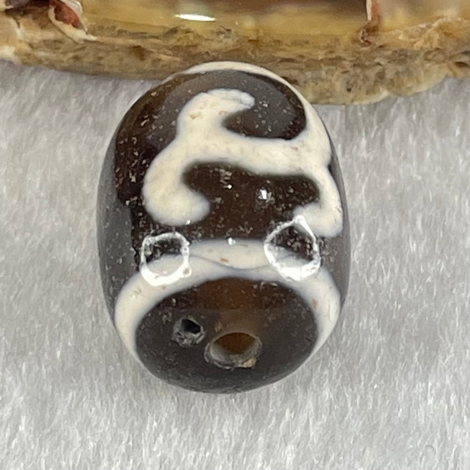 Natural Powerful Tibetan Old Oily Brown Yellowish White Agate Green Tara Dzi Bead Heavenly Master (Tian Zhu) 绿度母天珠 4.62g 17.5 by 13.3mm - Huangs Jadeite and Jewelry Pte Ltd