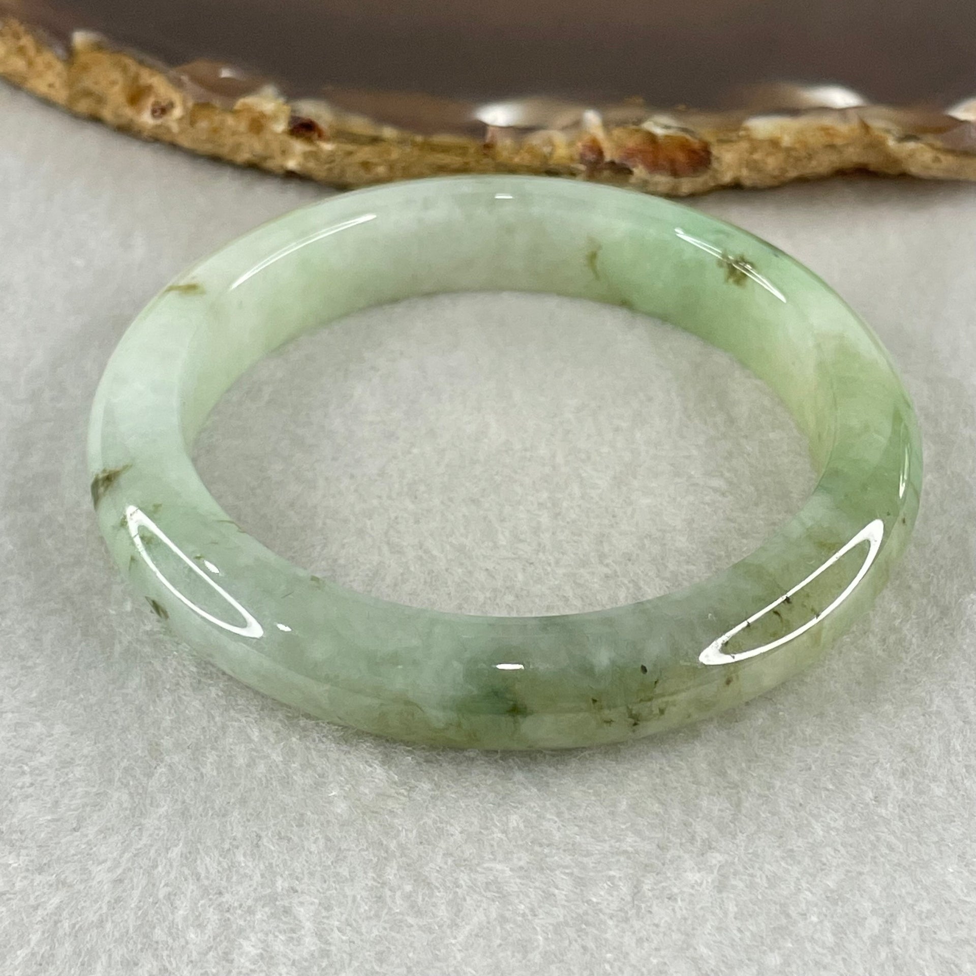 Type A Light Green with Green Patches Jadeite Bangle 43.14g Inner Diameter 53.2mm 10.6 by 8.0mm (Slight Internal Lines) - Huangs Jadeite and Jewelry Pte Ltd