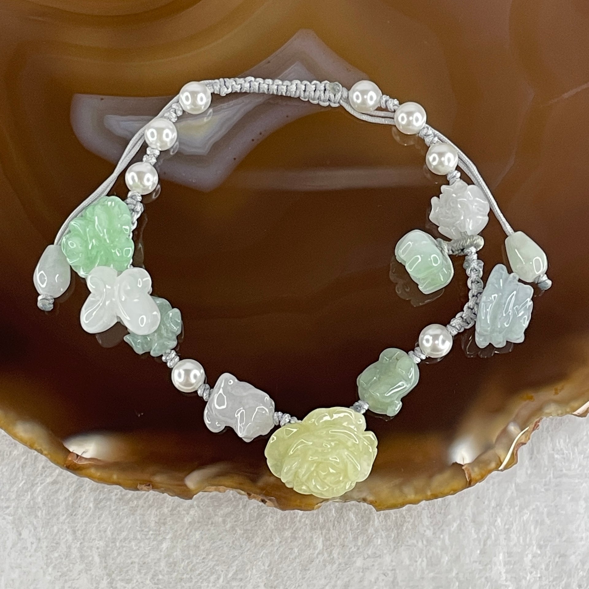 Natural Type A Green with Lavender and light Yellowish Jadeite Flower and Cat Dog Butterfly with Faux Pearl Bracelet 17.34g 15-18cm 16.0mm - Flower - Huangs Jadeite and Jewelry Pte Ltd