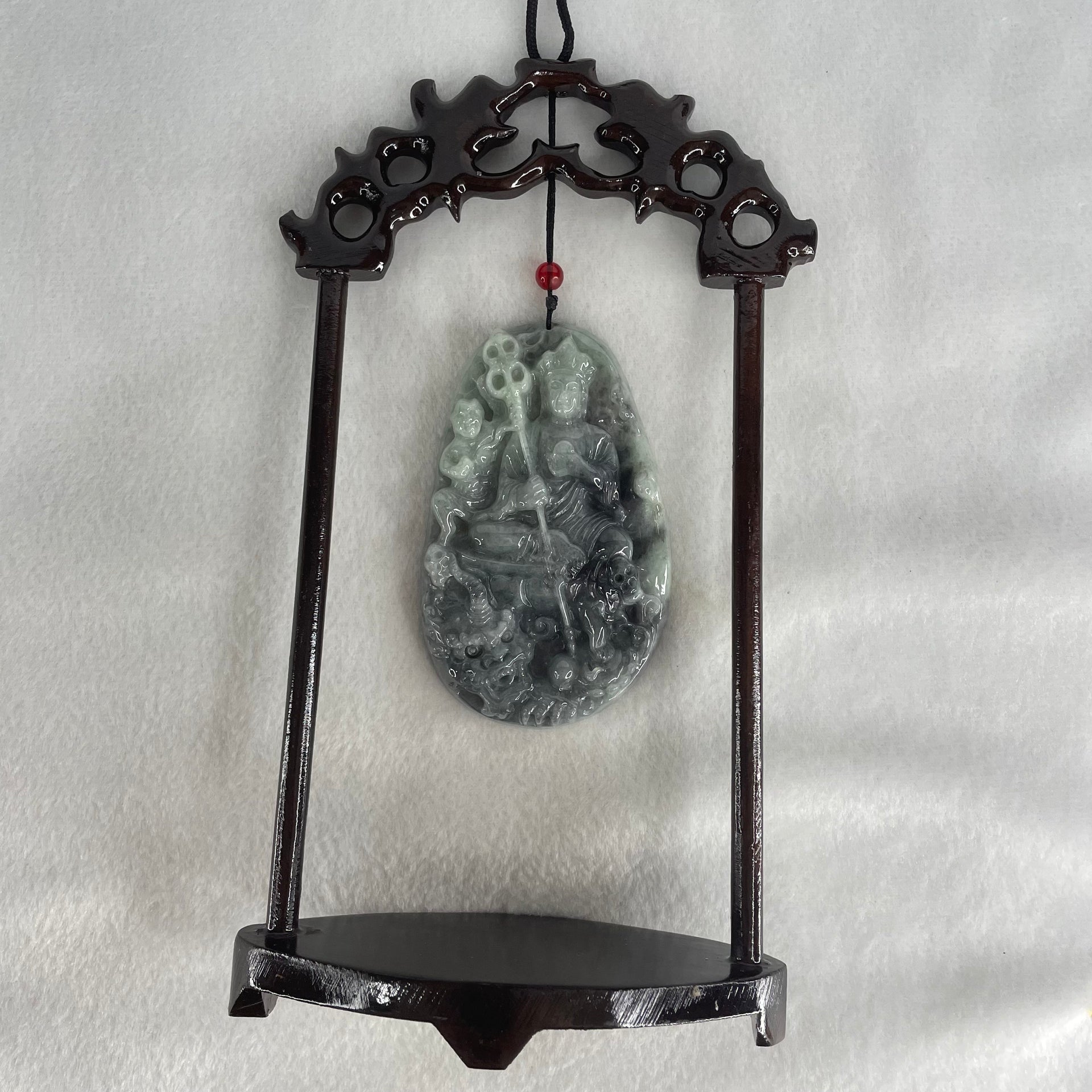 Type A Green With Wuji Grey Piao Hua Jadeite Ksitigarbha Bodhisattva, 地藏王菩萨, the Bodhisattva of Great Aspiration Display 178.8g 111.7 by 51.8 by 200.0mm - Huangs Jadeite and Jewelry Pte Ltd