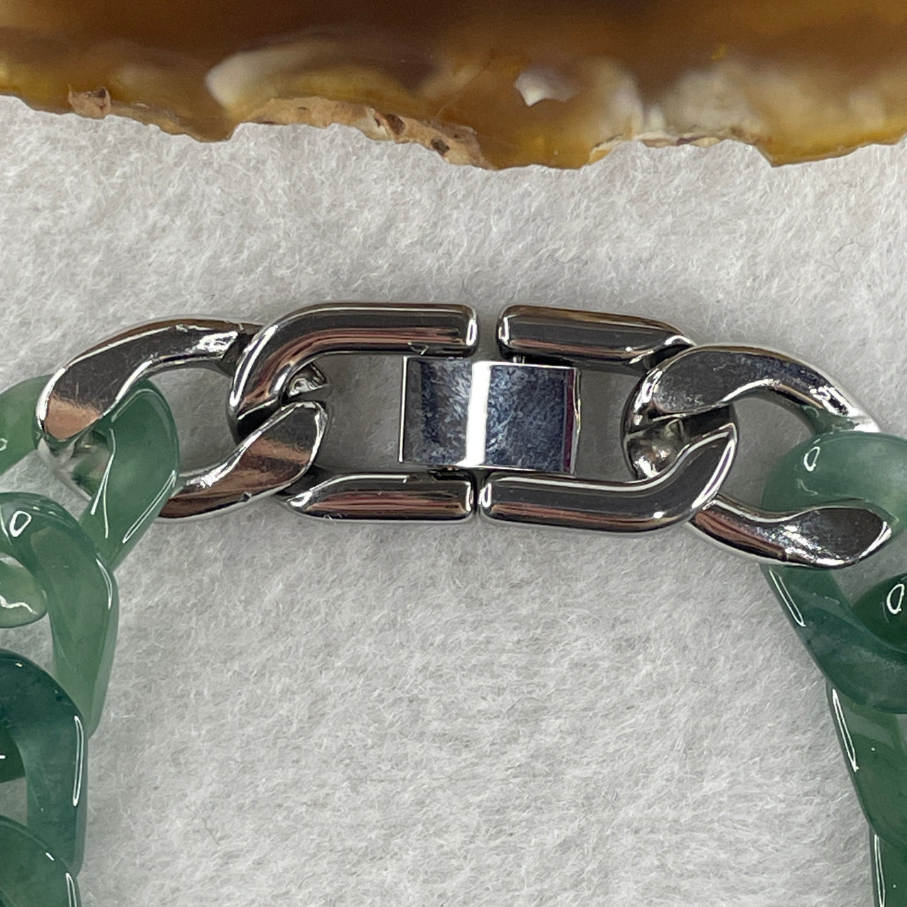 Certified Natural Type A Semi Icy Blueish Green Jadeite Cuban Tennis Bracelet with Stainless Steel Clap 21.46g 17cm 11.6 by 6.7 by 3.4mm 16 Pcs