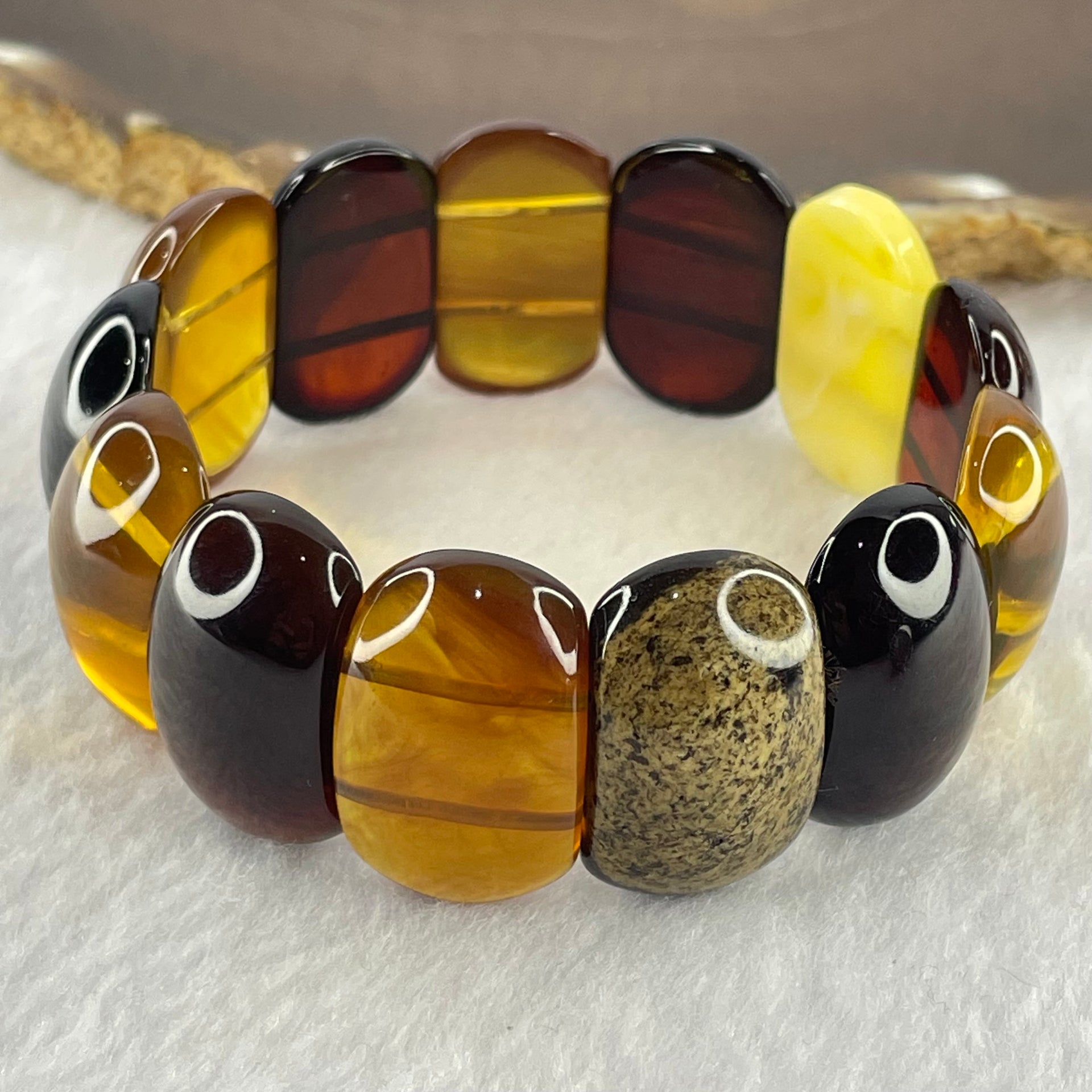 Natural Mixed Color Amber Bracelet 天然多宝琥珀手链 25.74g 18cm 25.2 by 16.4 by 7.5mm 13pcs - Huangs Jadeite and Jewelry Pte Ltd