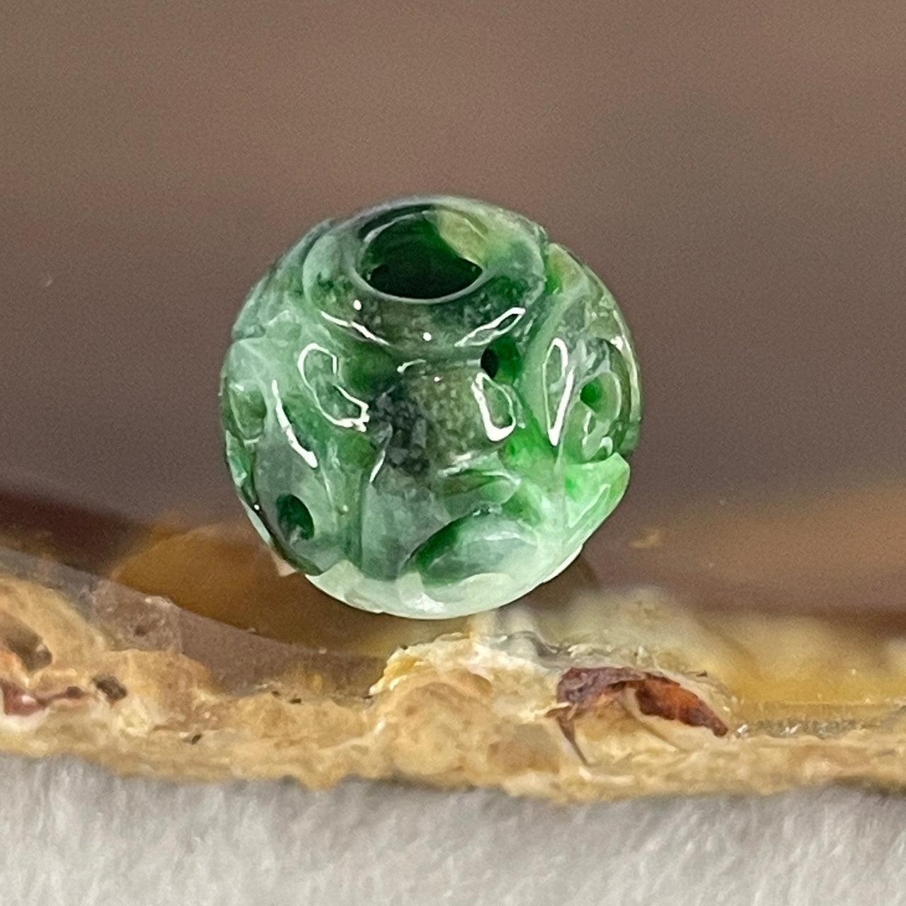 Natural Type A Lao Keng Old Mine Green with Light Green Jadeite Flora Carving Bead Charm 1.37g 11.4mm - Huangs Jadeite and Jewelry Pte Ltd