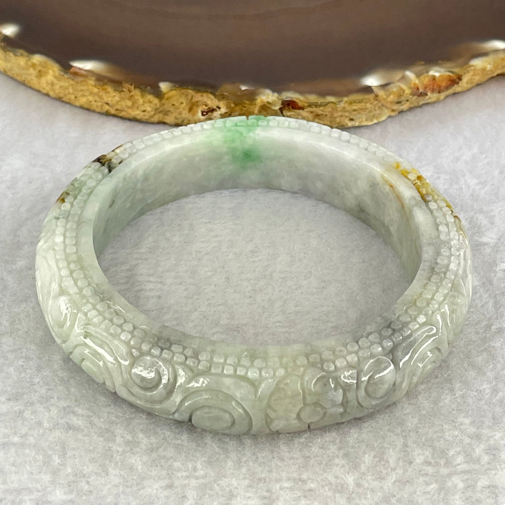 Type A Green Lavender with Brown Yellow Patches Jadeite Carved Ruyi Bangle Internal Diameter 56.3mm 76.21g 13.8 by 10.5mm (Internal Lines) - Huangs Jadeite and Jewelry Pte Ltd
