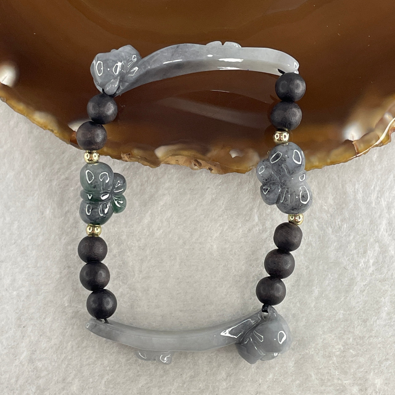 Certified Natural Type A Wuji Grey Jadeite Ruyi with Butterfly Charm Bracelet 17.20g 16cm 43.6 by 10.1 by 8.7m- Butterfly 15.9 by 10.8 by 7.6mm