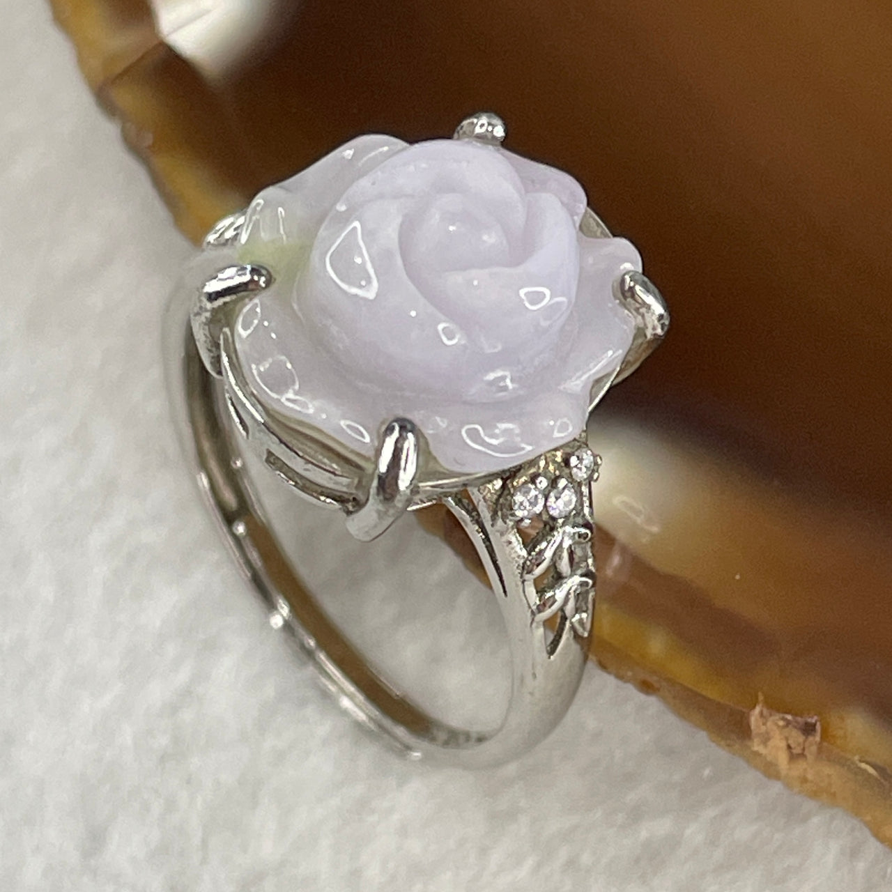 Natural Type A Lavender Jadeite Flower Ring in S925 Sliver 2.51g 12.4 by 11.5 by 6.0mm (Adjustable Size)