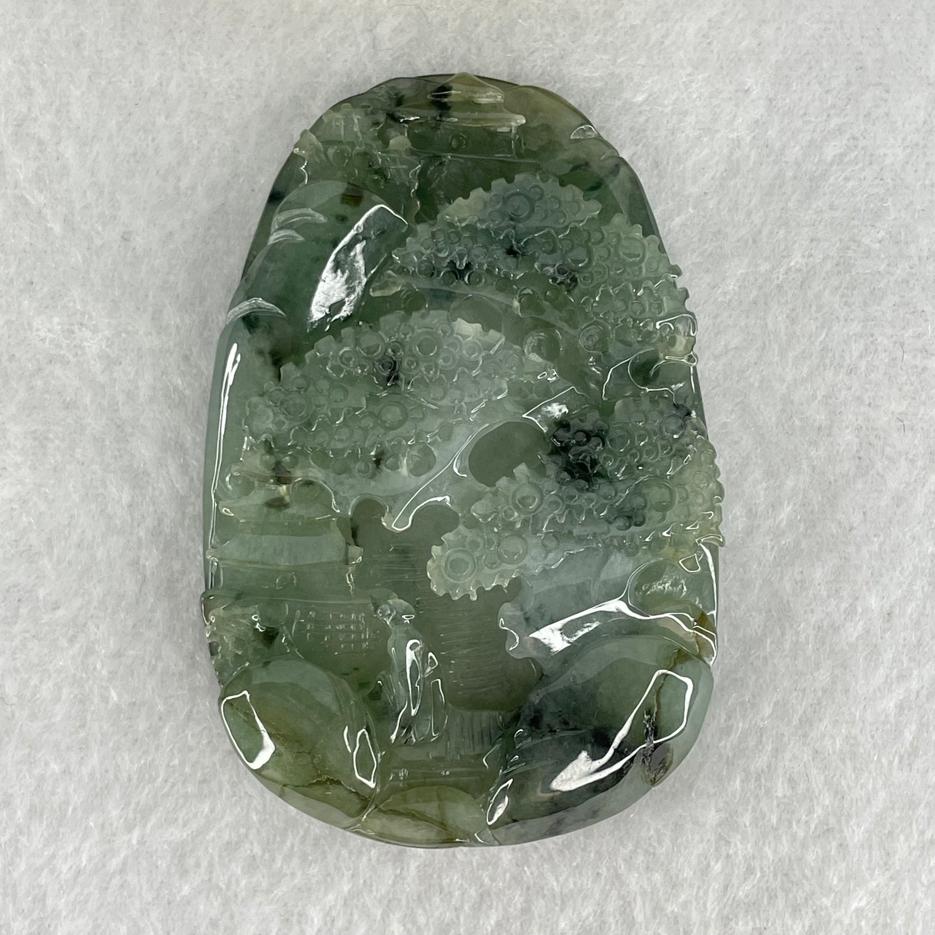 Type A Semi Icy Green with Dark Green Piao Hua Jadeite Shan Shui Gui Ren Benefactor Pendant 53.05g 59.6 by 40.3 by 10.7mm - Huangs Jadeite and Jewelry Pte Ltd