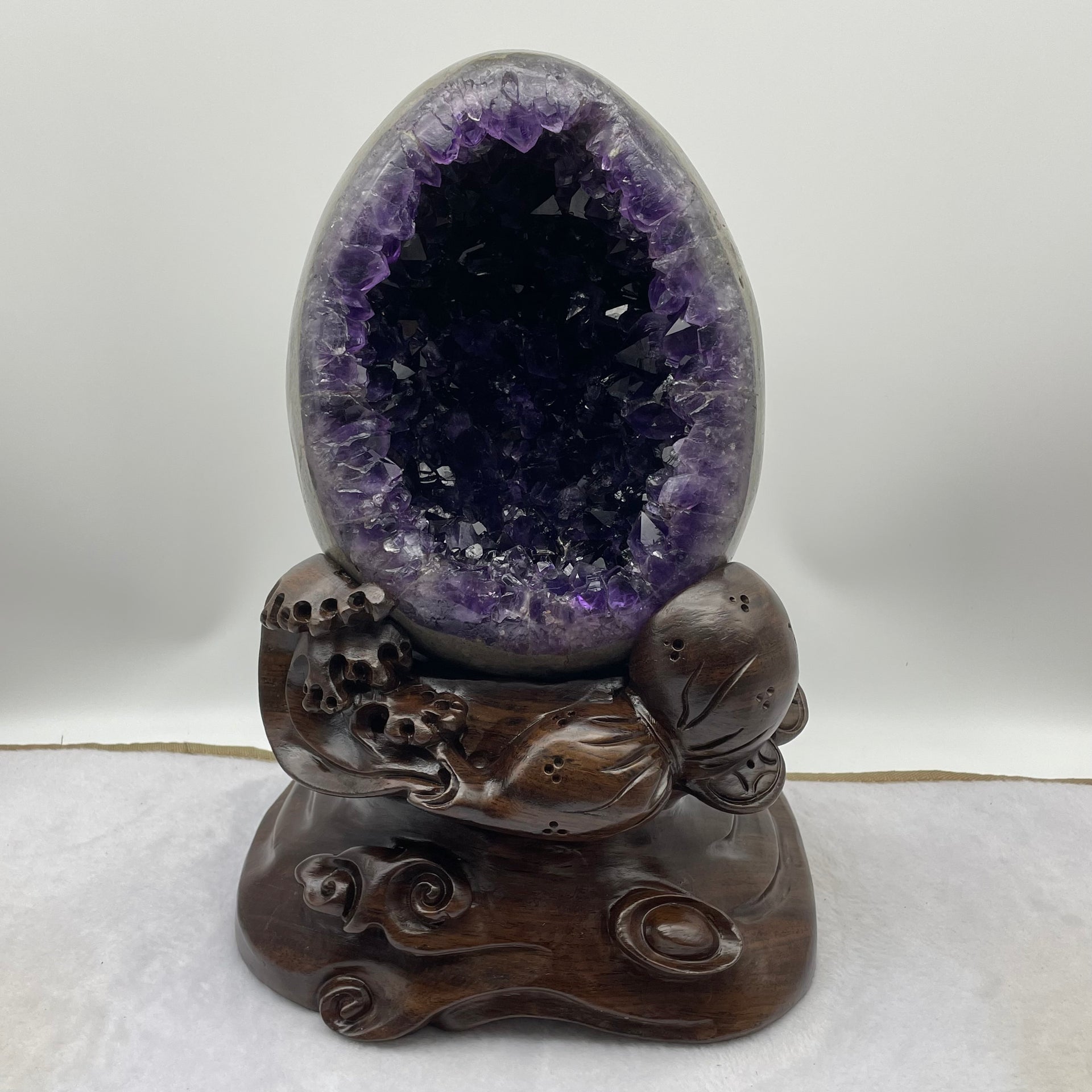 Natural Deep Purple Amethyst Egg with Wooden Stand Display Total 9,049.0g 210.0 by 220.0 by 310.0mm - Huangs Jadeite and Jewelry Pte Ltd