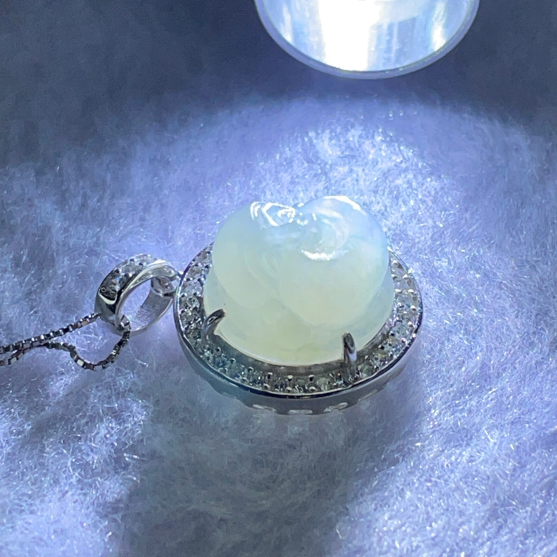 Type A Faint Green Lavender Milo Buddha with Crystals in S925 Sliver Pendant and Necklace 6.12g 14.7 by 14.7 by 7.5mm - Huangs Jadeite and Jewelry Pte Ltd