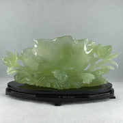 Natural Semi Icy Green Serpentine Tong Zhi on Lotus Leaf and Lotus Flower with Wooden Stand Display 1,458.5g L270.0 by B96.0 by H158.0mm - Huangs Jadeite and Jewelry Pte Ltd